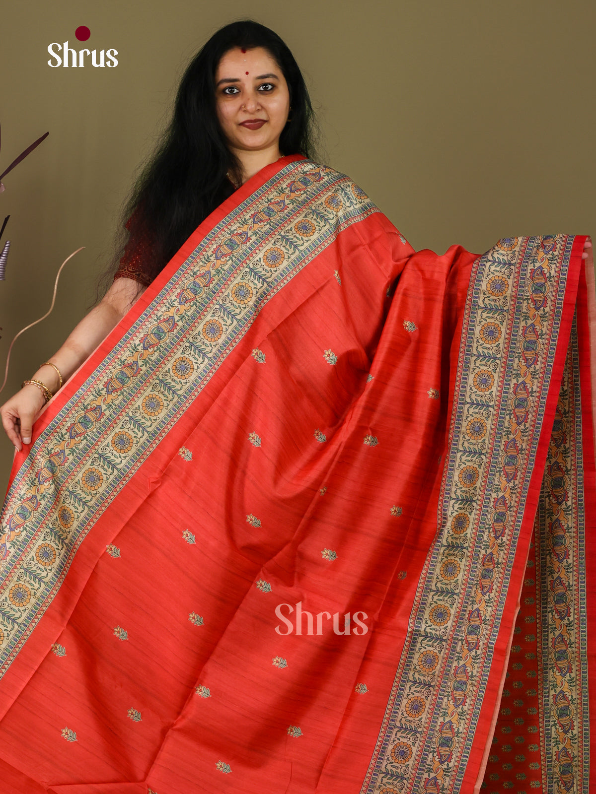 Orange & Cream - Printed Madhubani Saree
