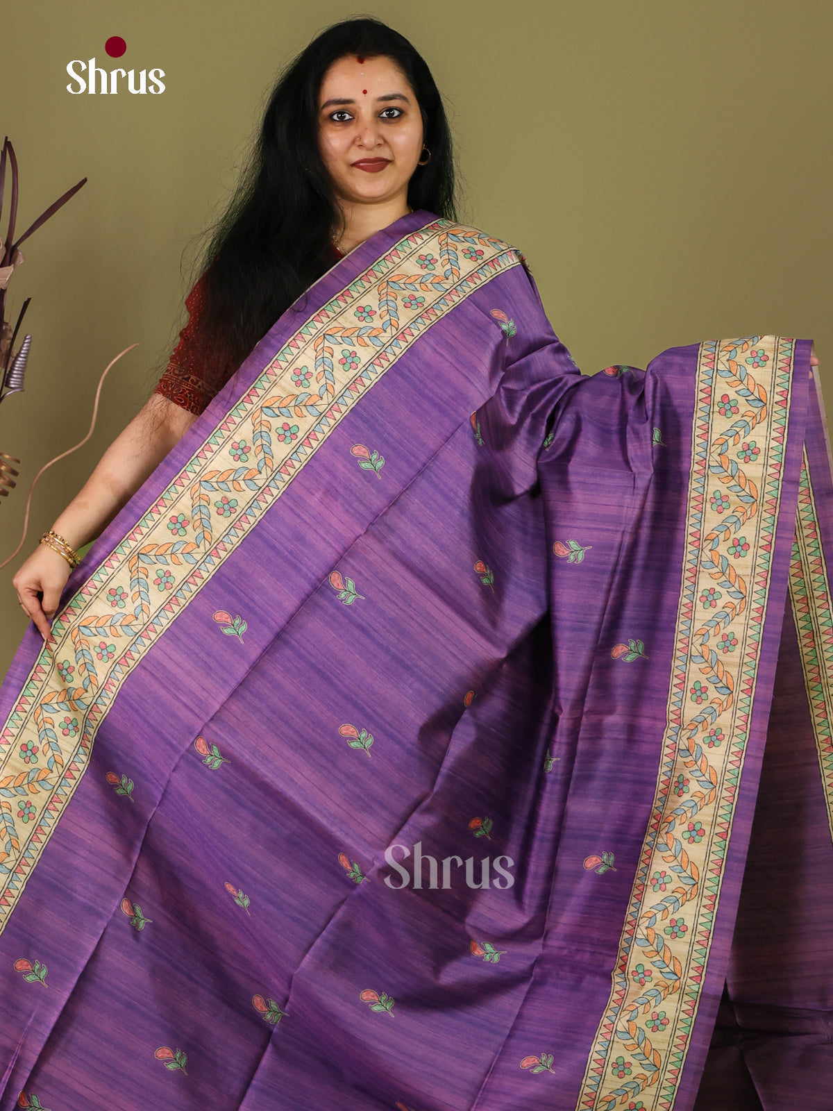 Violet & Cream - Printed Madhubani Saree - Shop on Shrus.com