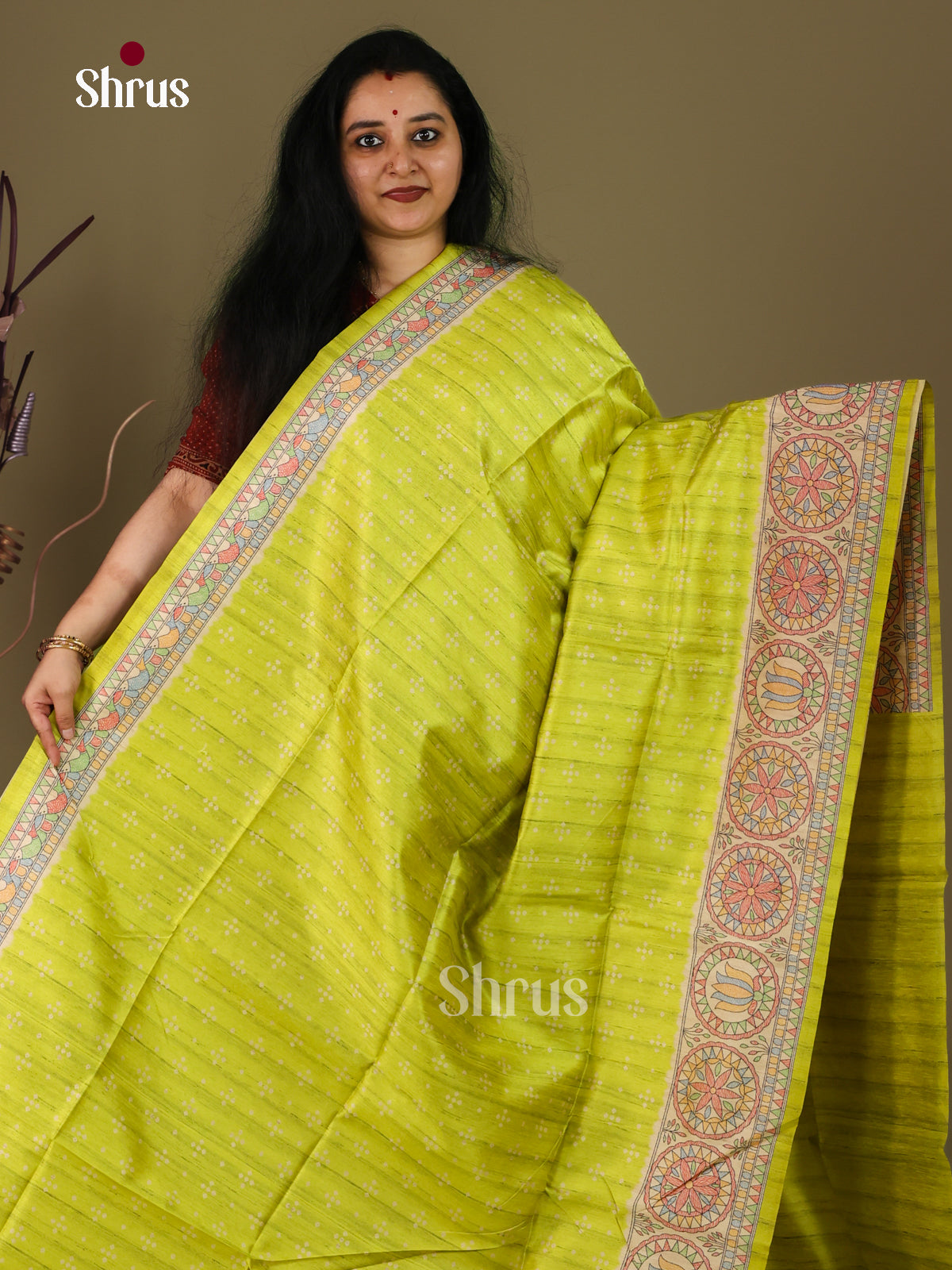 Lime Green & Cream - Printed Madhubani Saree - Shop on Shrus.com
