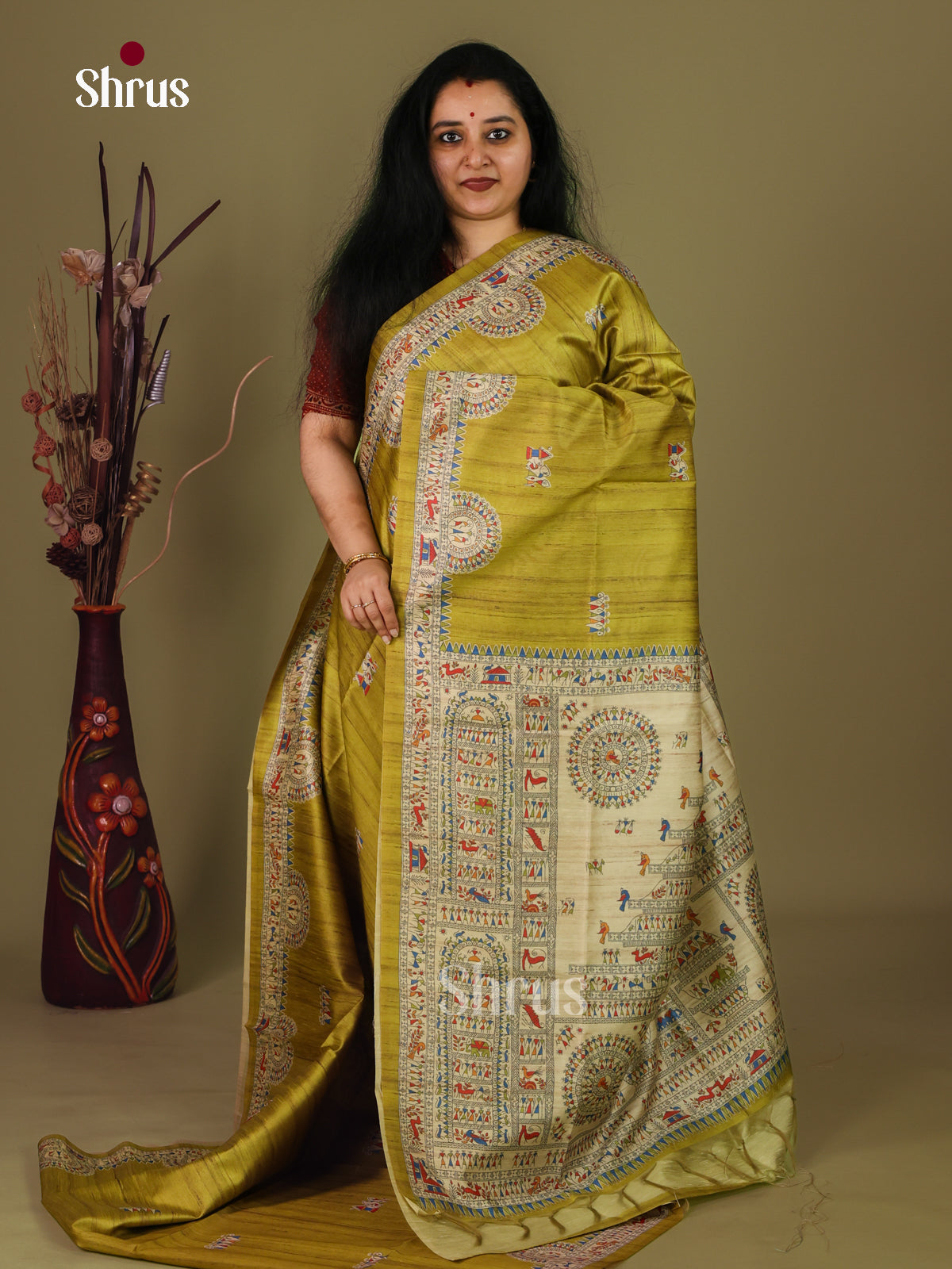 Green & Cream - Printed Madhubani Saree