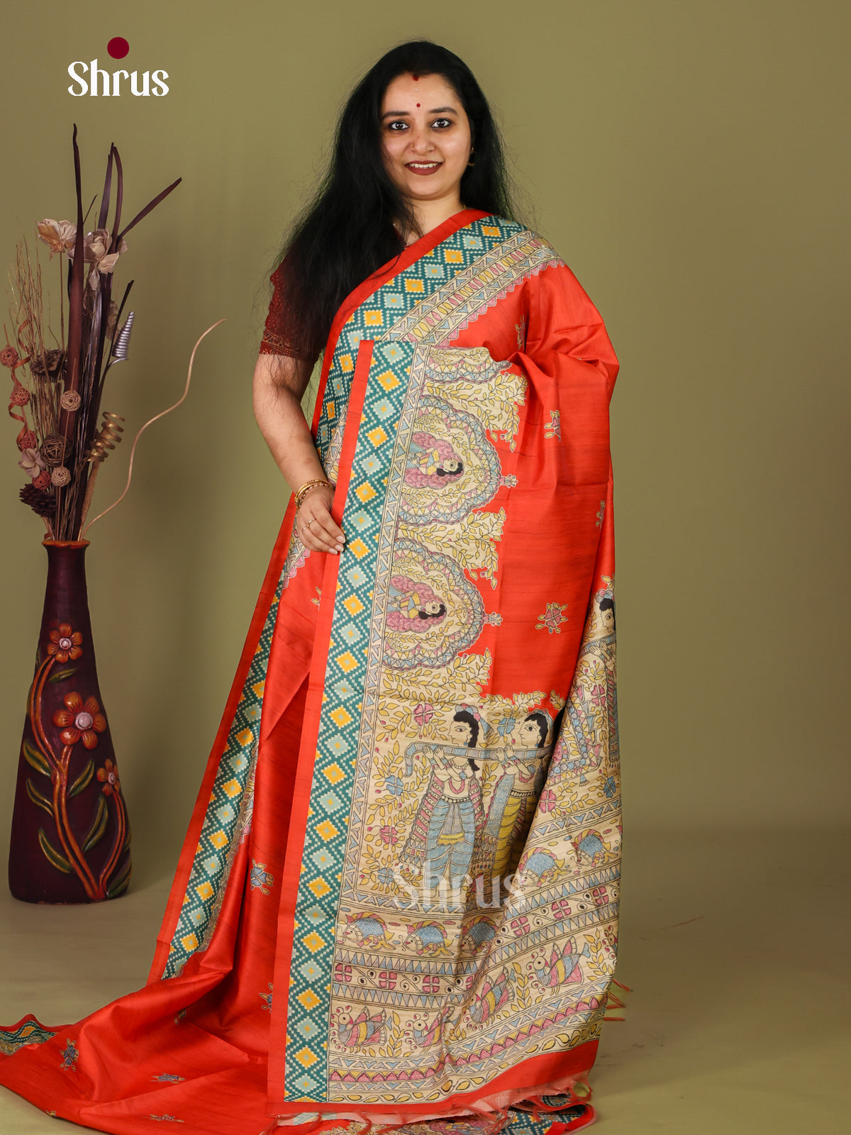Orange & Cream - Printed Madhubani Saree - Shop on Shrus.com