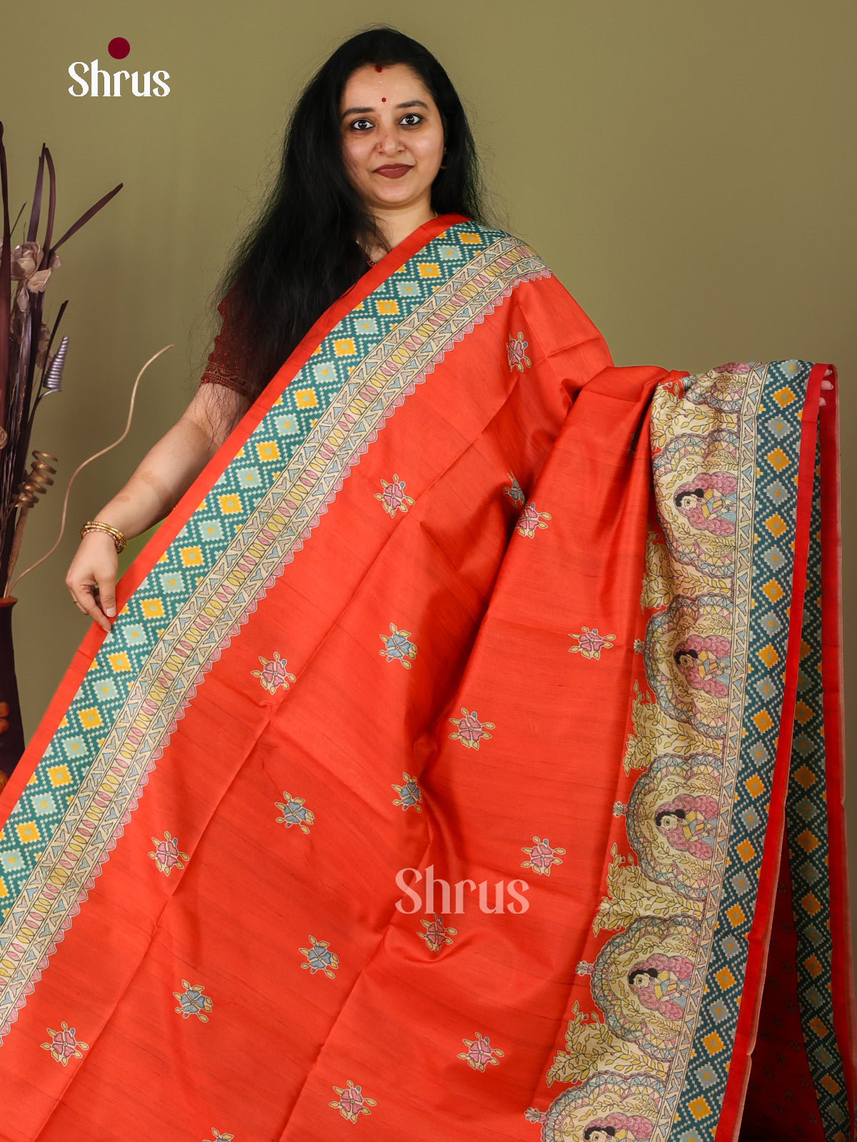 Orange & Cream - Printed Madhubani Saree - Shop on Shrus.com