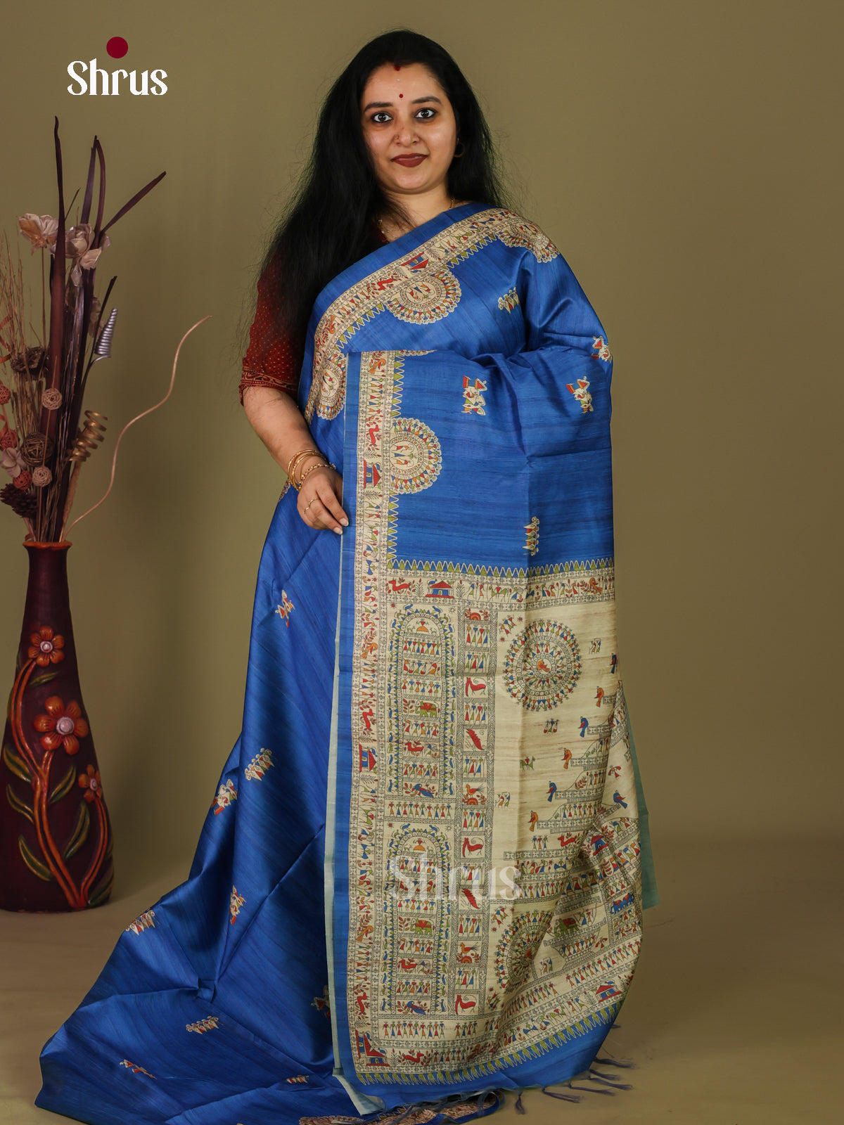 Blue & Cream - Printed Madhubani Saree - Shop on Shrus.com