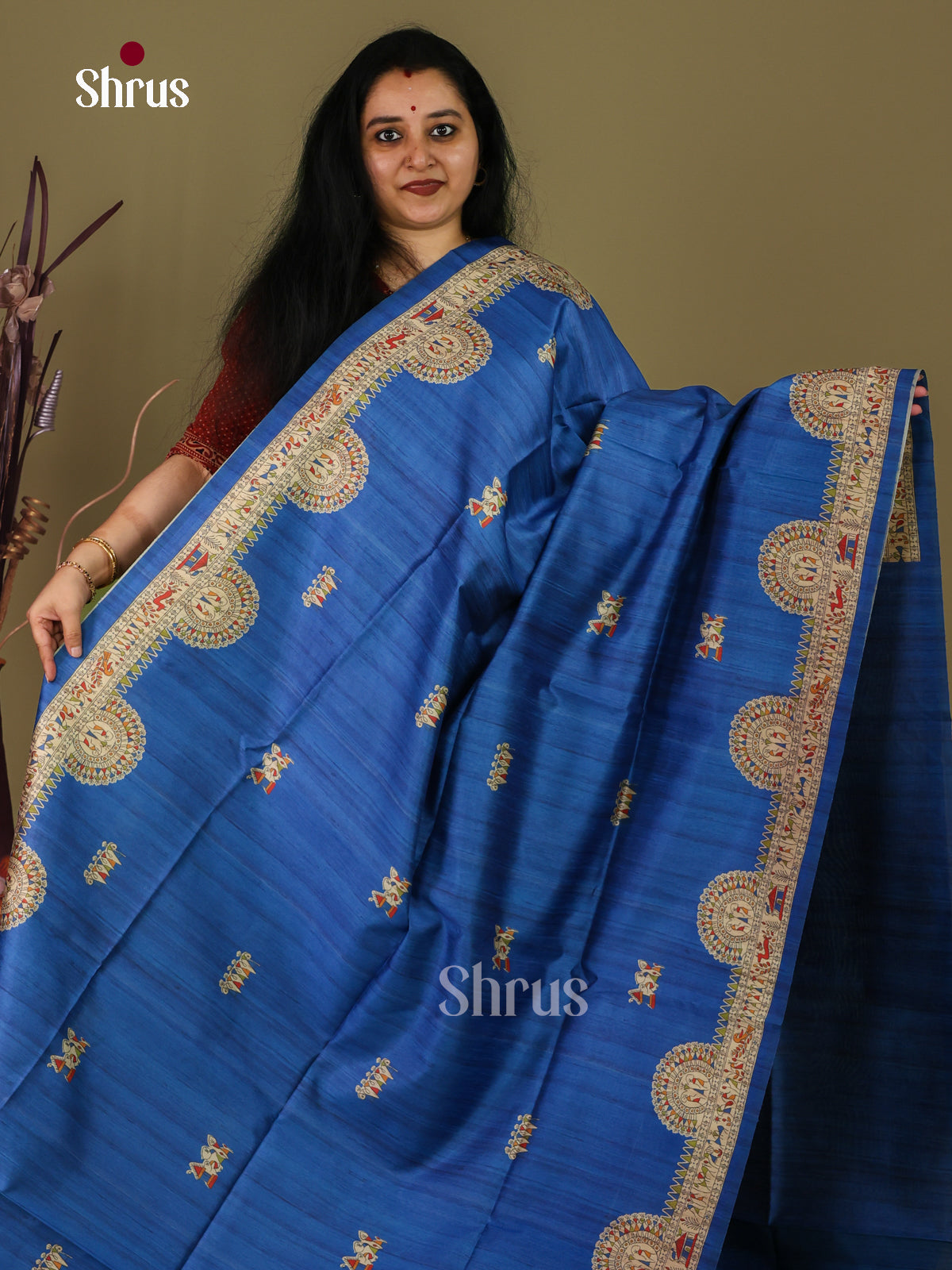 Blue & Cream - Printed Madhubani Saree - Shop on Shrus.com