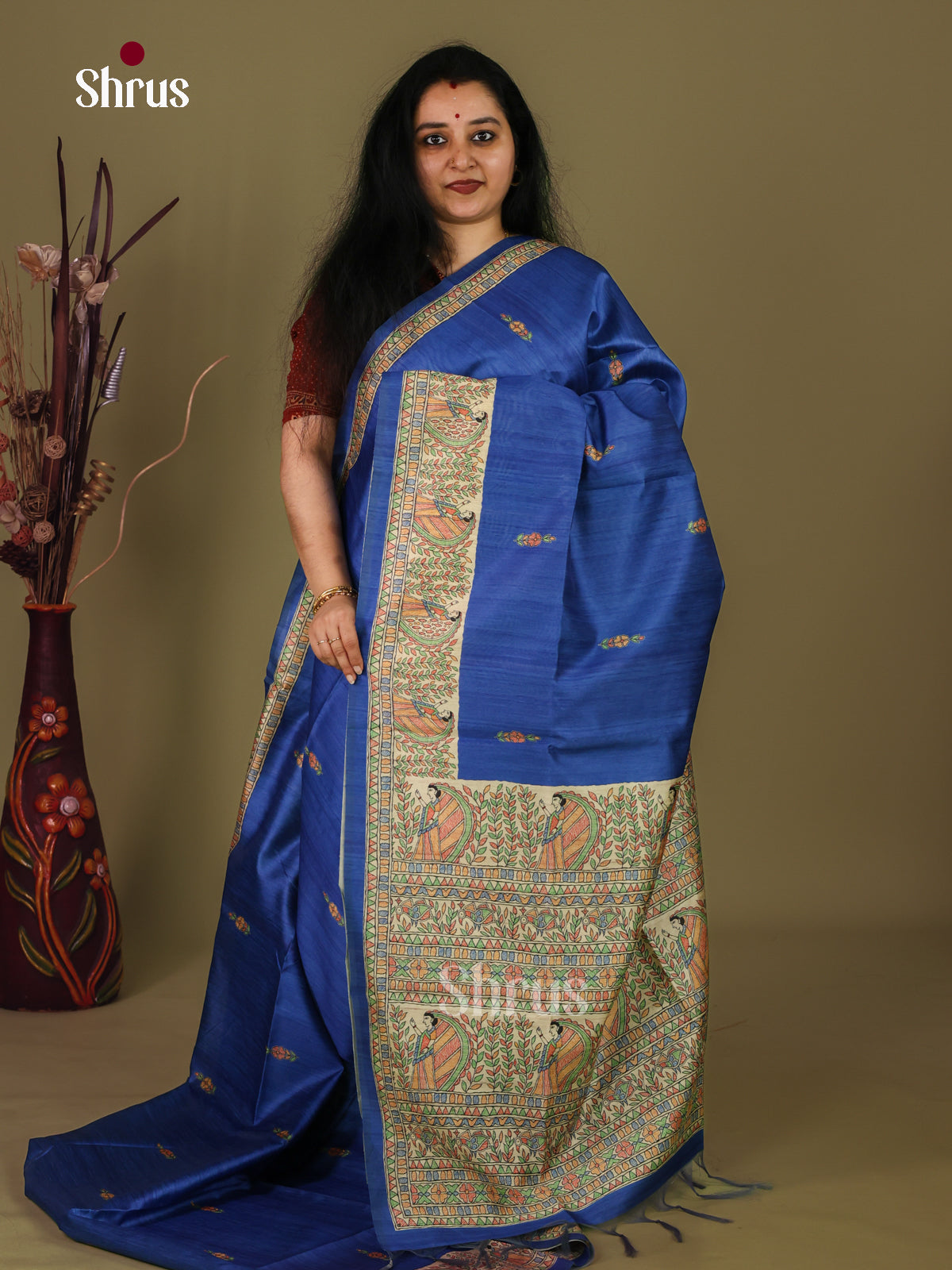 Blue & Cream - Printed Madhubani Saree - Shop on Shrus.com