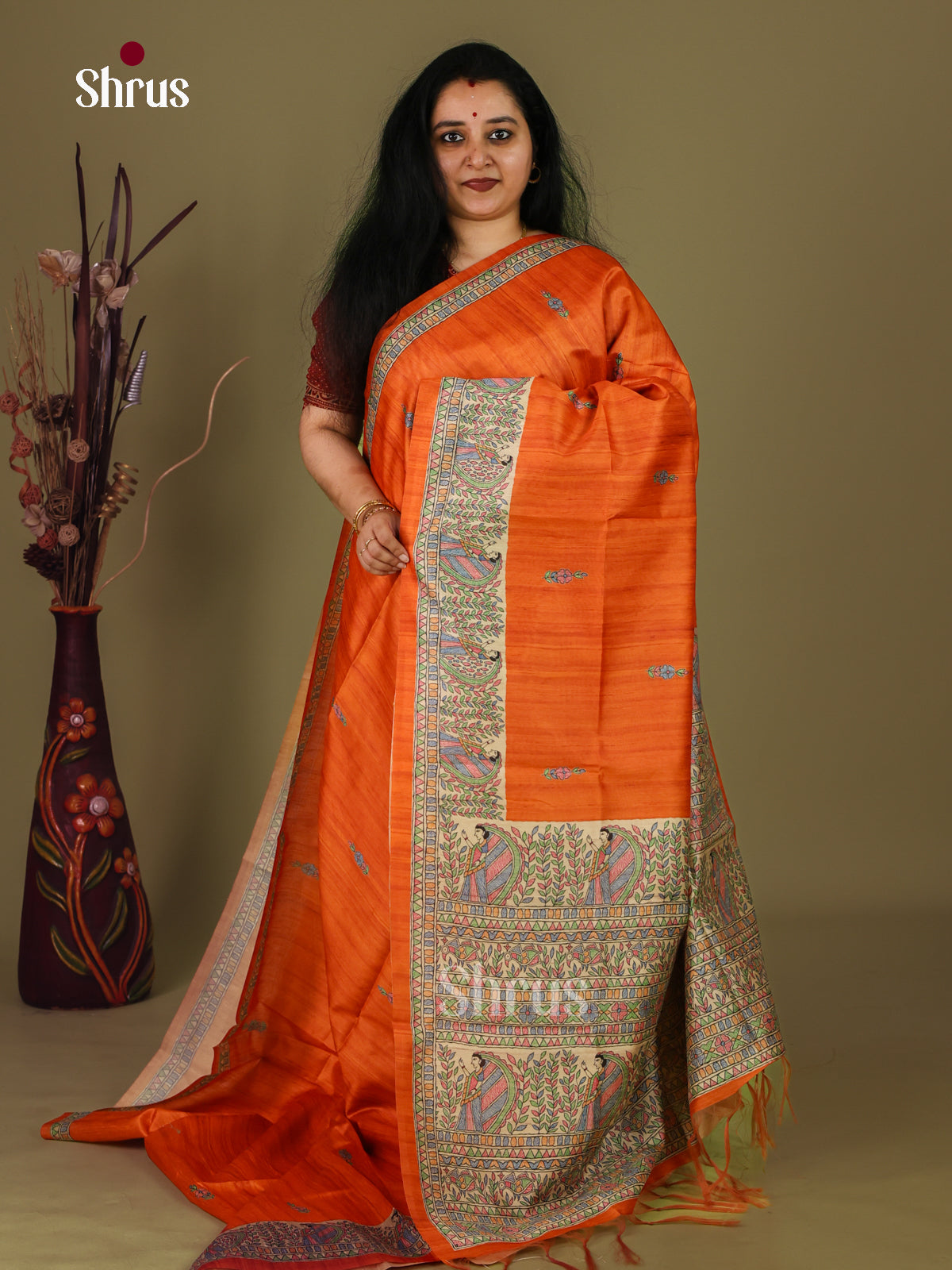 Orange & Cream - Printed Madhubani Saree - Shop on Shrus.com