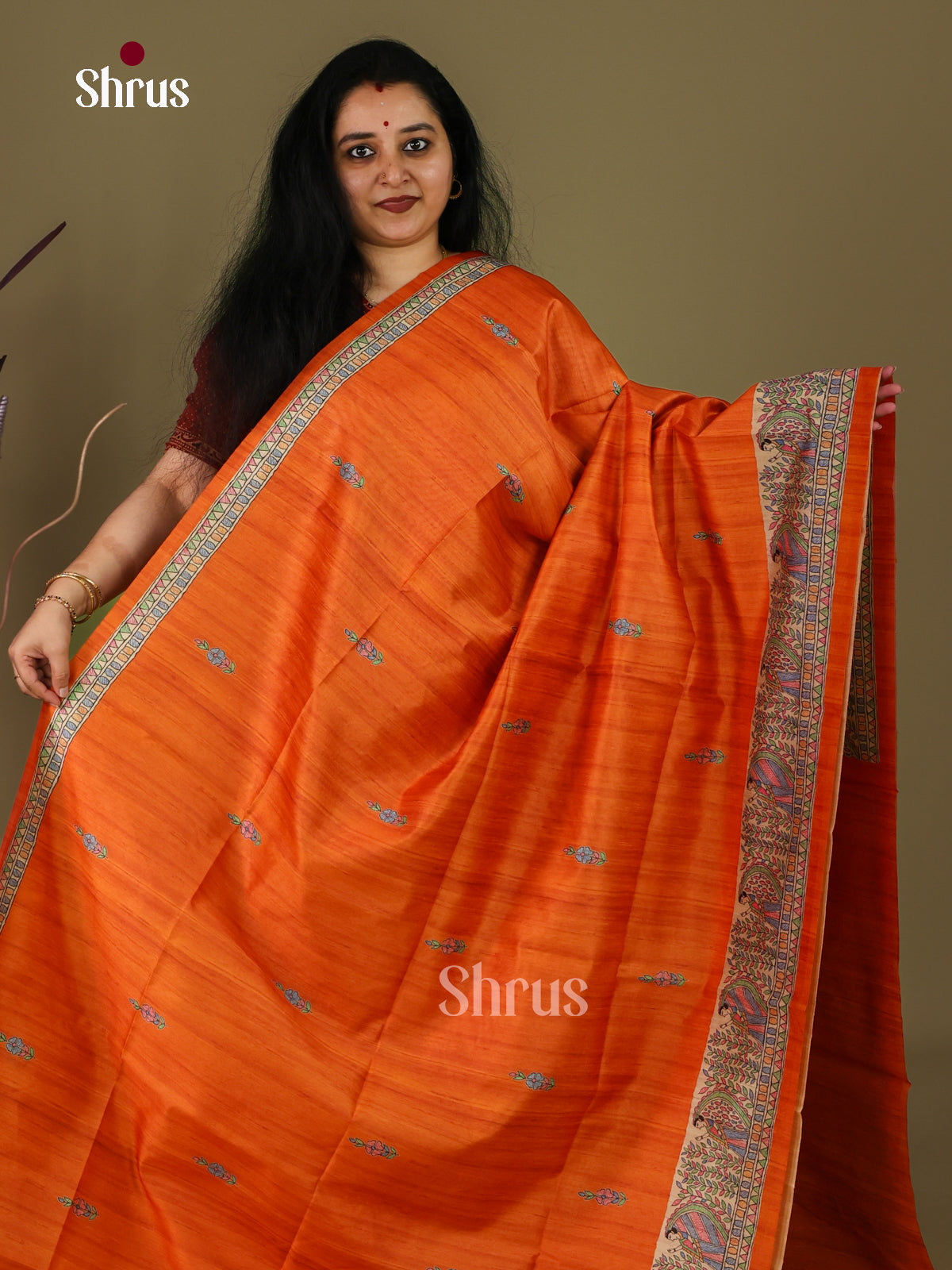 Orange & Cream - Printed Madhubani Saree - Shop on Shrus.com