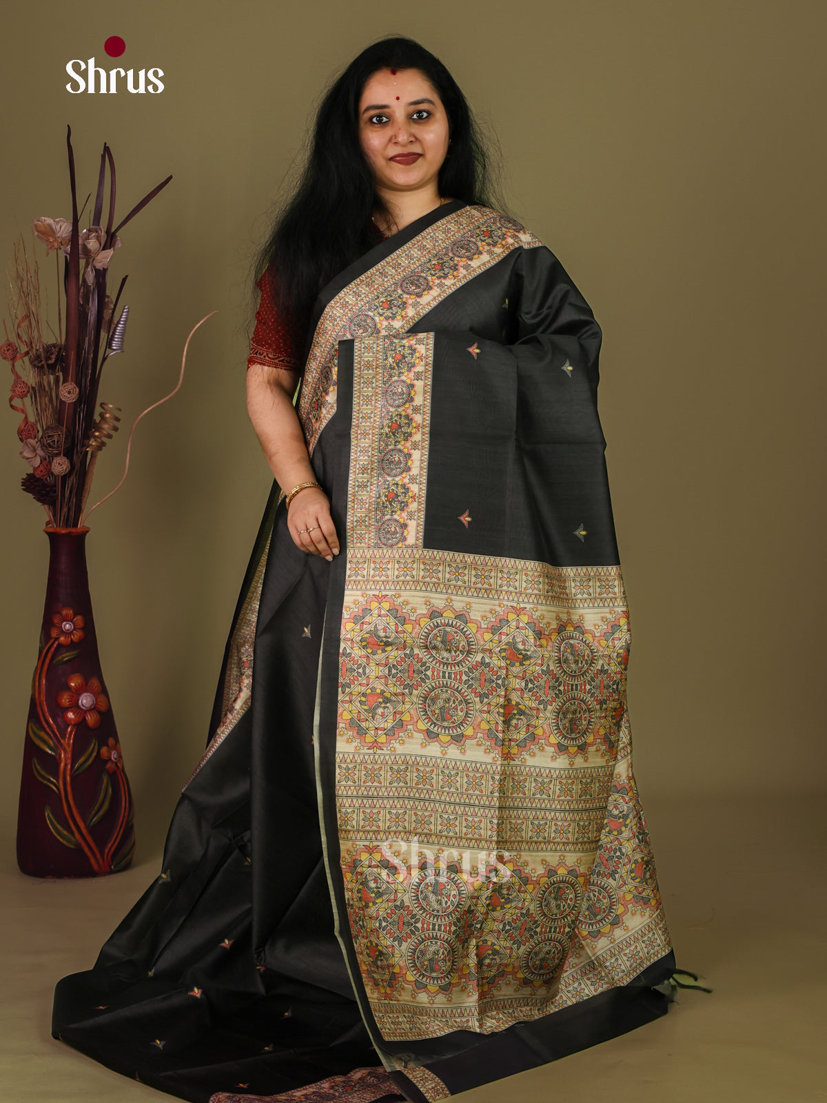 Black & Cream - Printed Madhubani Saree - Shop on Shrus.com
