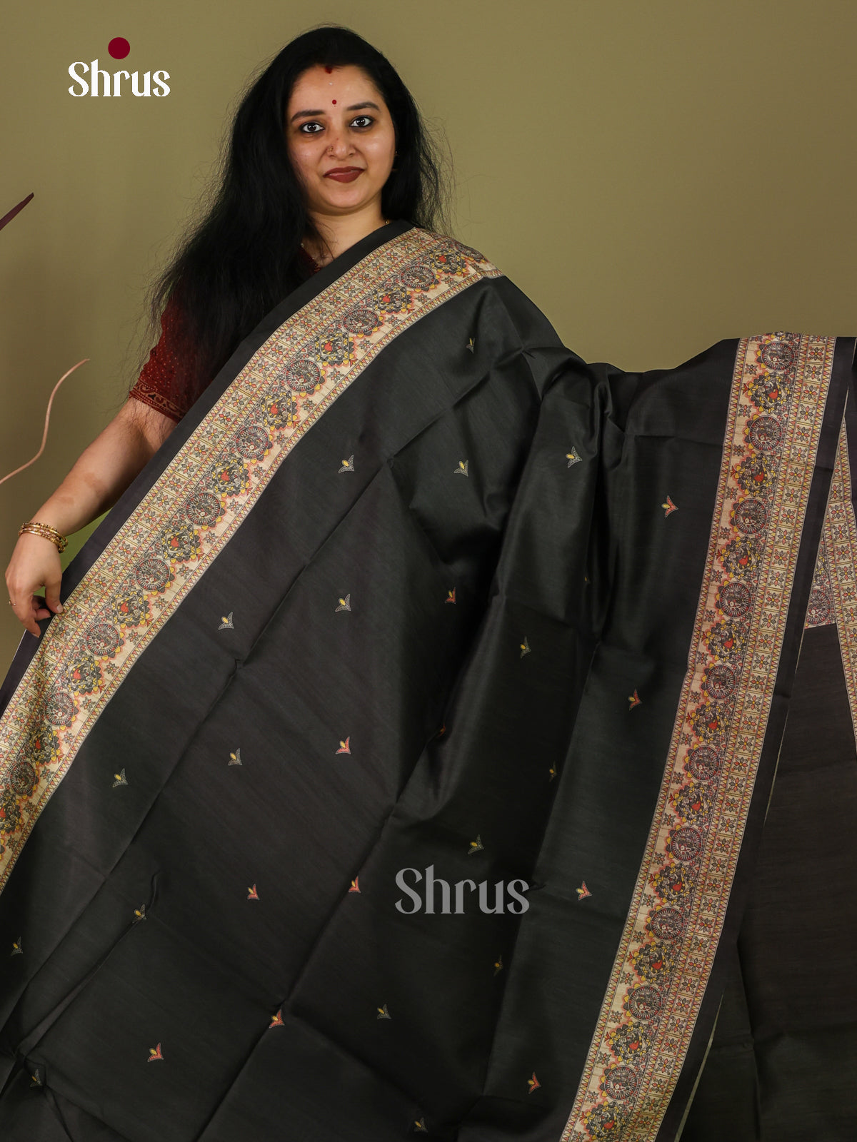 Black & Cream - Printed Madhubani Saree - Shop on Shrus.com