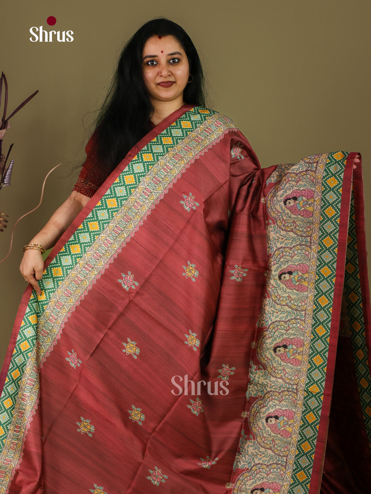 Brown & Cream- Printed Madhubani Saree
