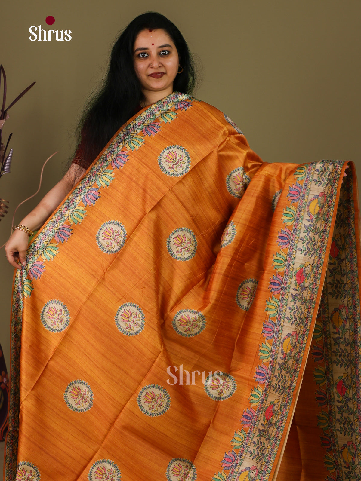Orange & Cream - Printed Madhubani Saree - Shop on Shrus.com