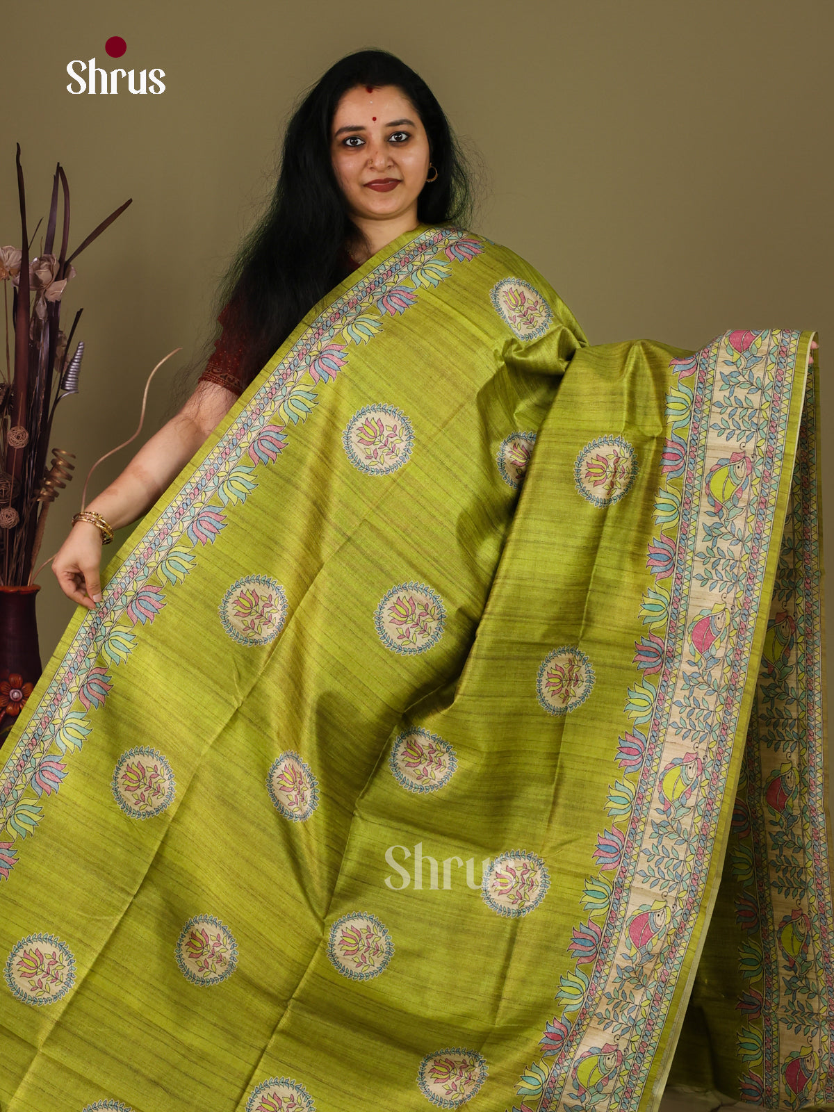 Light Green & Cream - Printed Madhubani Saree - EI16741 - Shop on Shrus.com