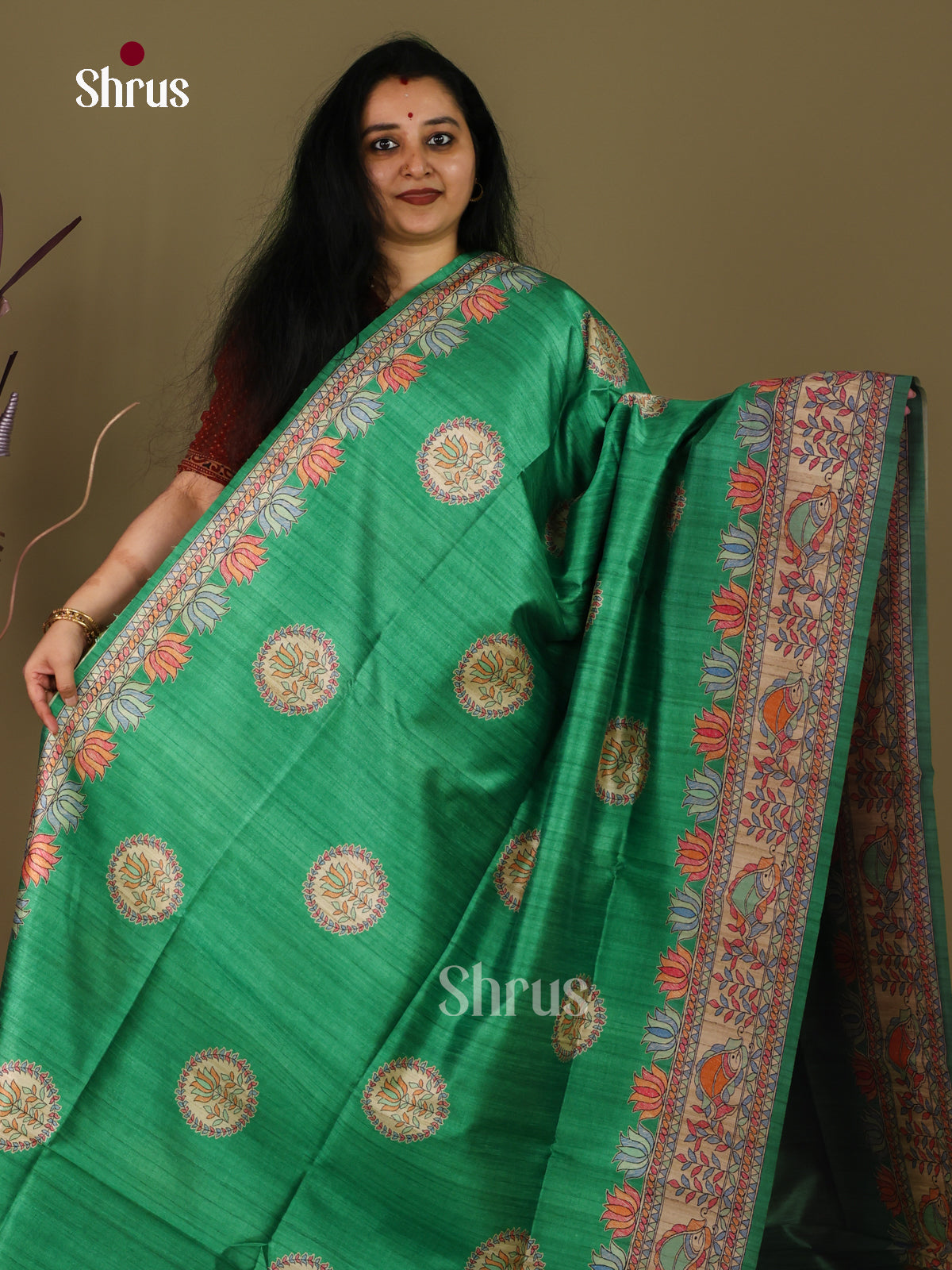 Green & Cream - Printed Madhubani Saree - Shop on Shrus.com