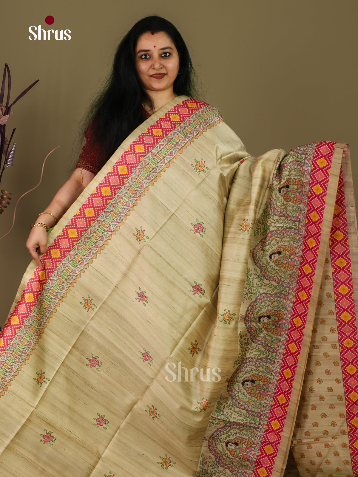 Beige & Pink - Printed Madhubani Saree - Shop on Shrus.com
