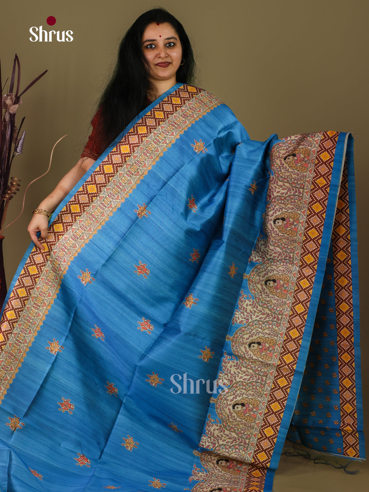 Blue & Cream - Printed Madhubani Saree - Shop on Shrus.com