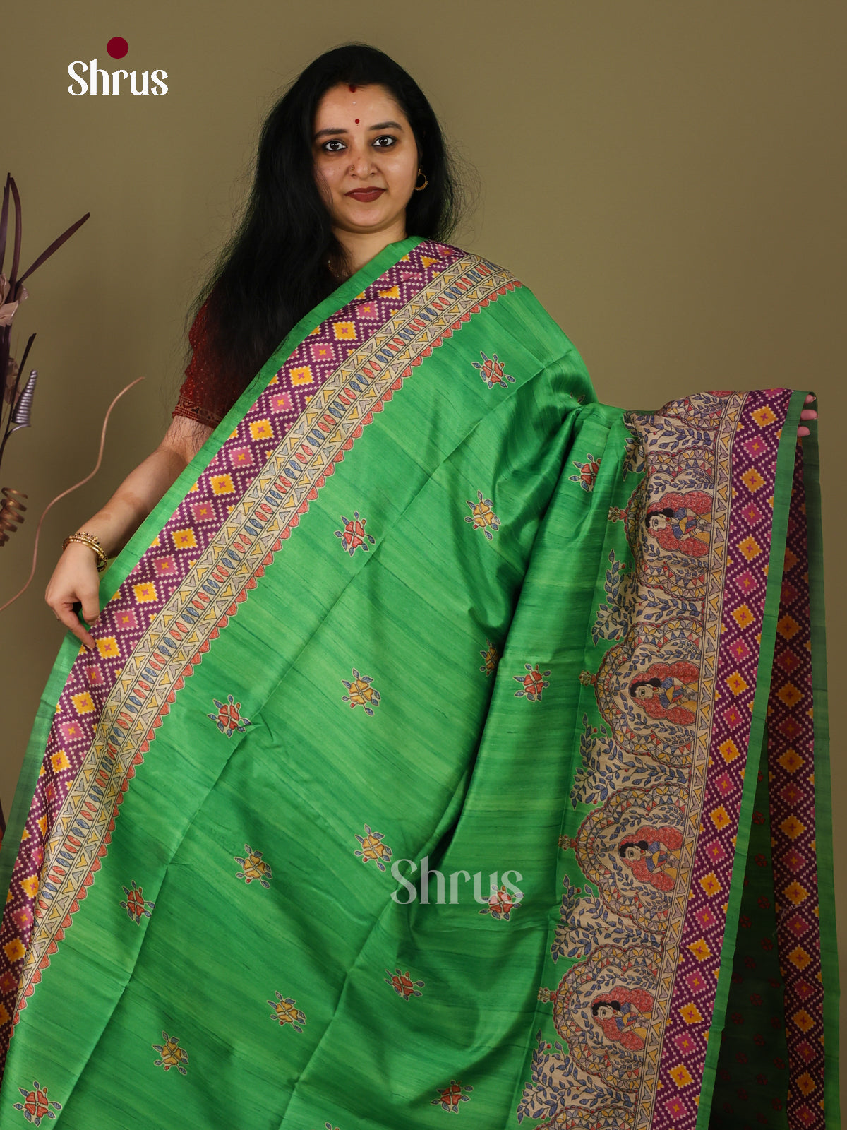 Green & Cream - Printed Madhubani Saree