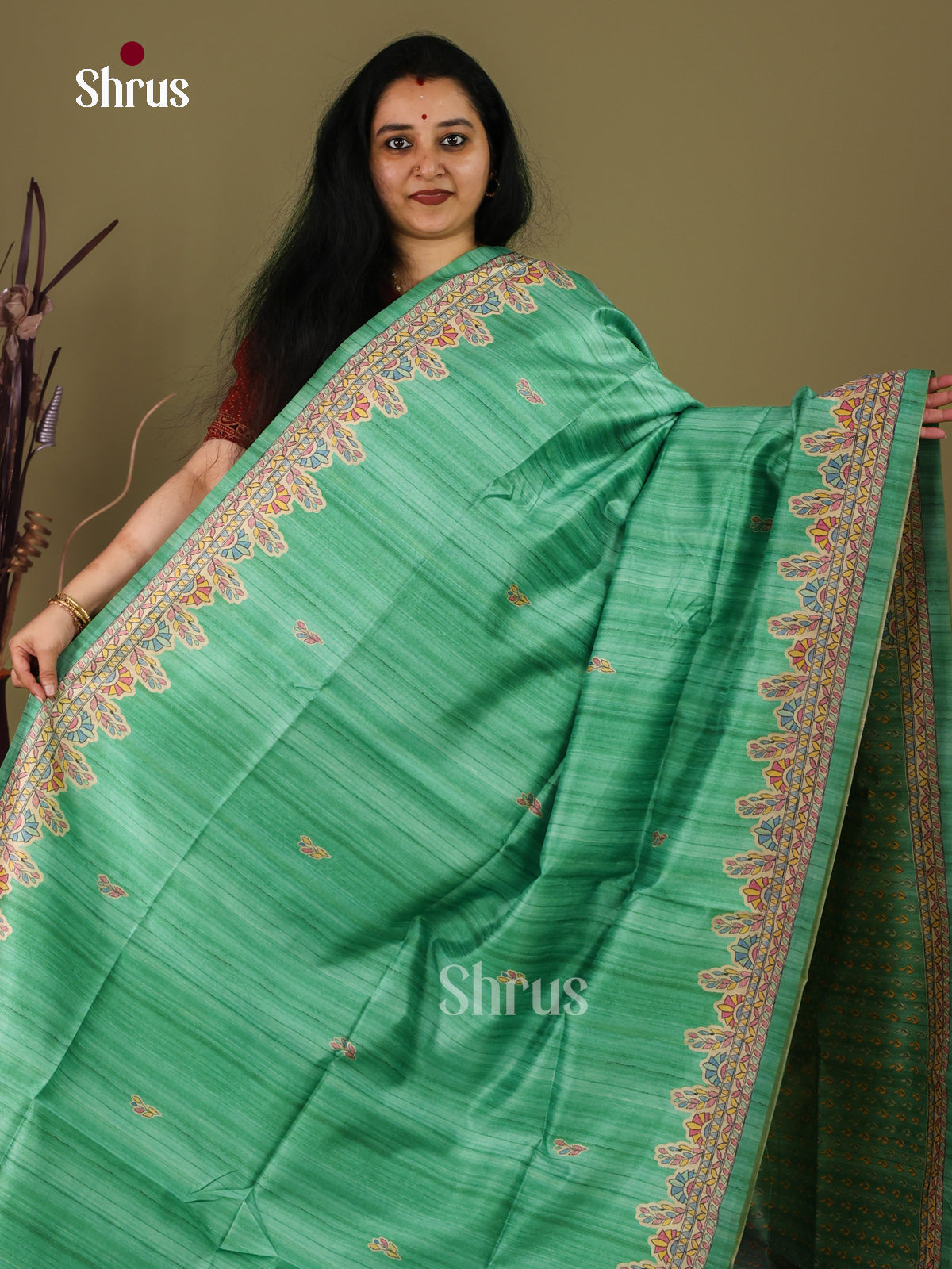 Green & Cream - Printed Madhubani Saree