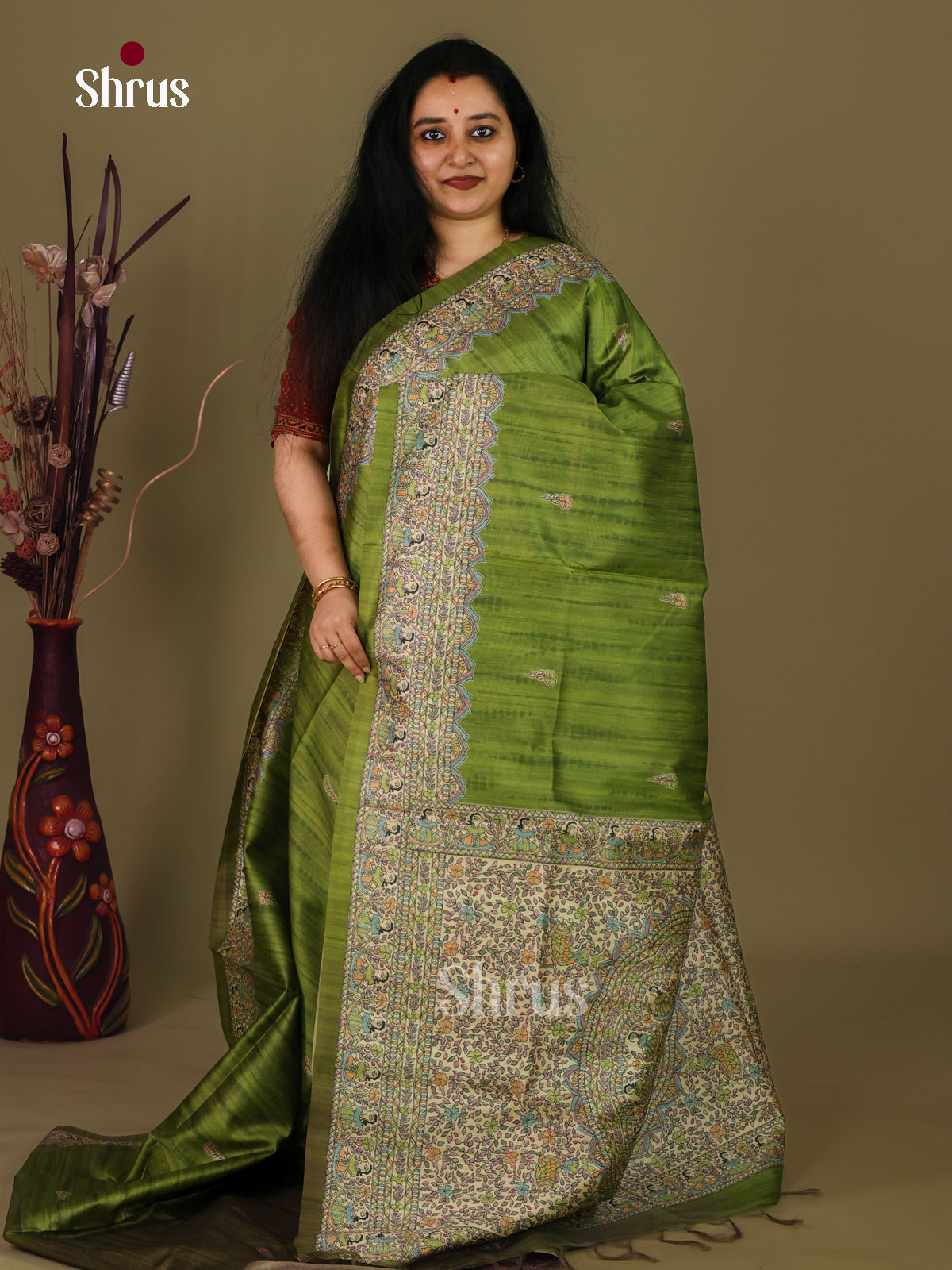 Green & Cream - Printed Madhubani Saree - Shop on Shrus.com