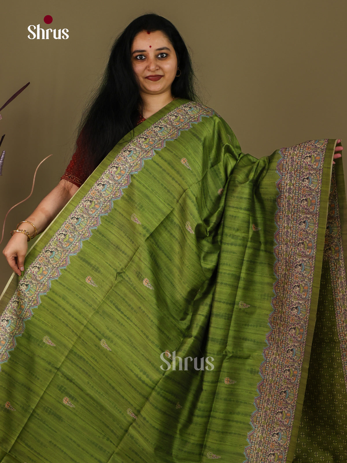 Green & Cream - Printed Madhubani Saree - Shop on Shrus.com