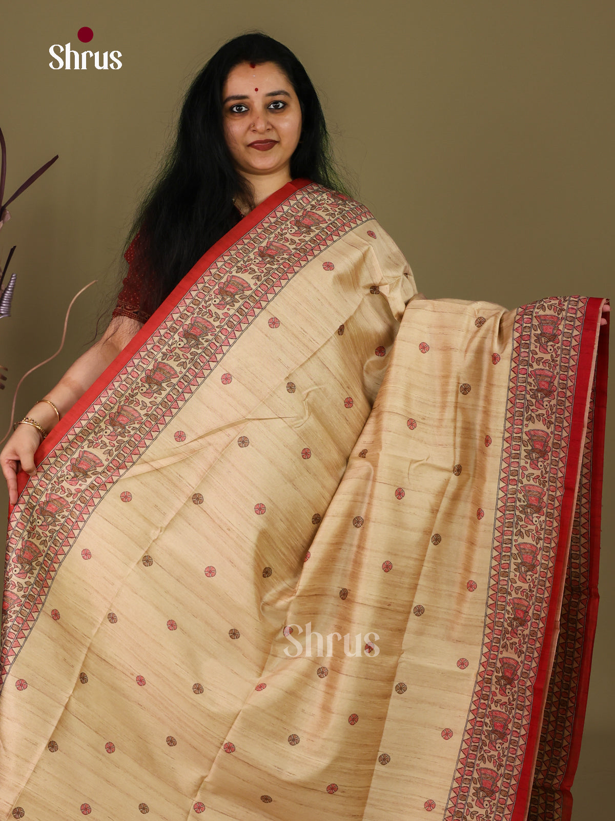 Beige & Maroon - Printed Madhubani Saree - Shop on Shrus.com