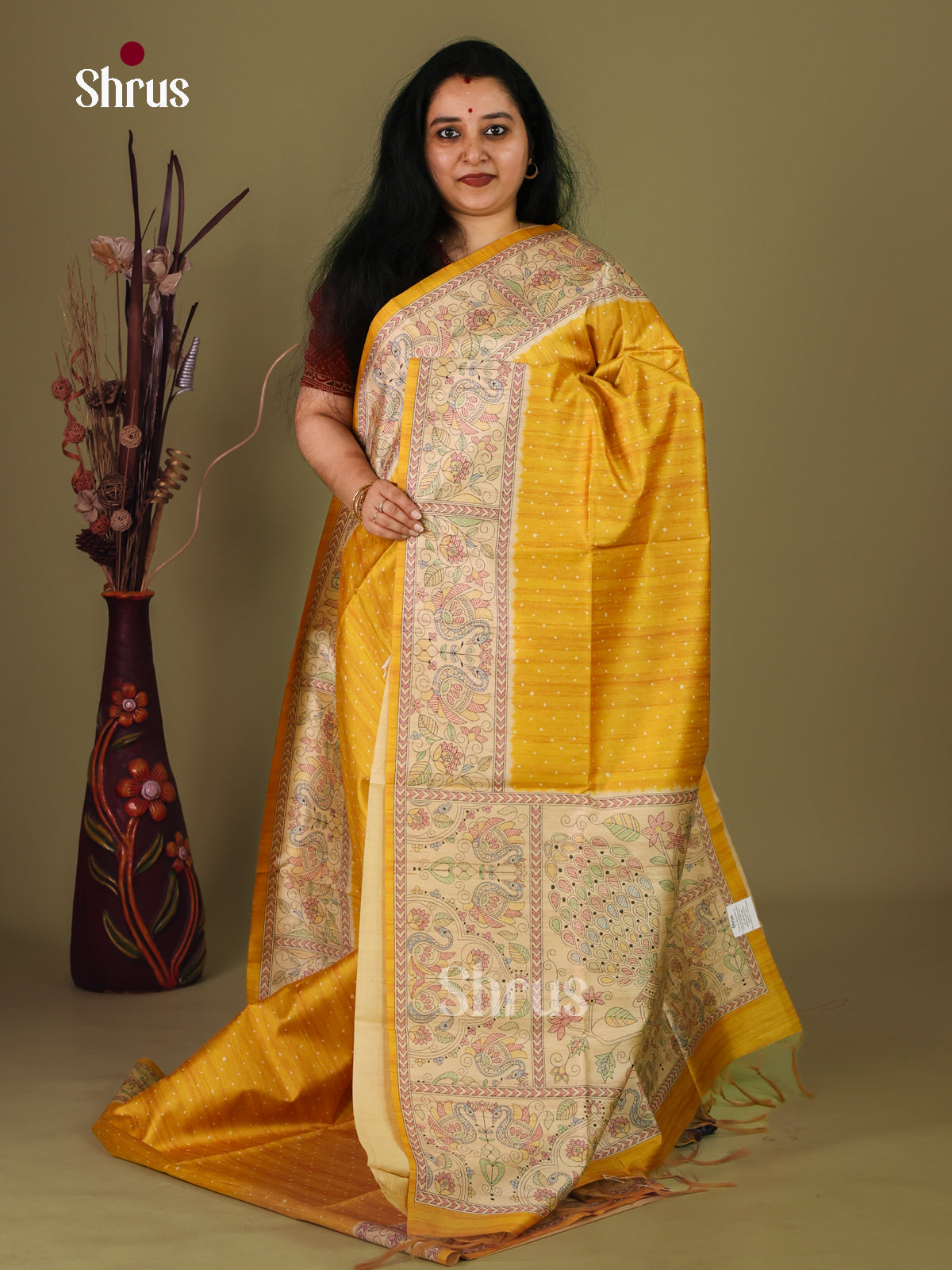 Mustard & Cream - Printed Madhubani Saree - Shop on Shrus.com