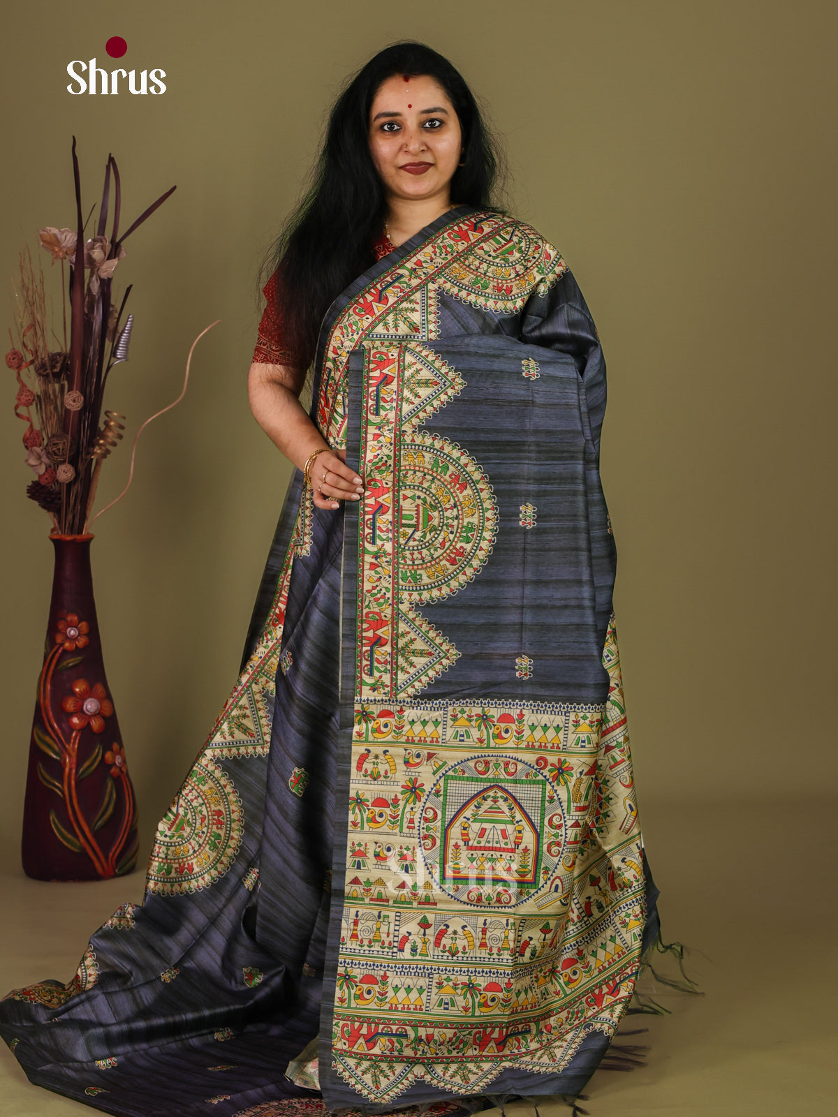 Black & Cream - Printed Madhubani Saree - Shop on Shrus.com