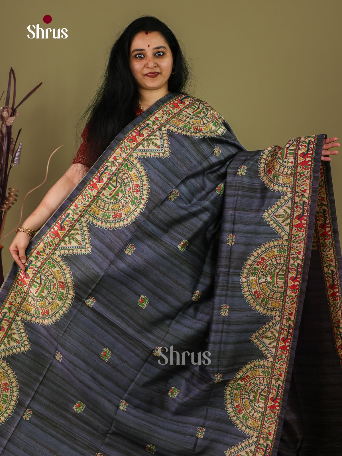 Black & Cream - Printed Madhubani Saree - Shop on Shrus.com