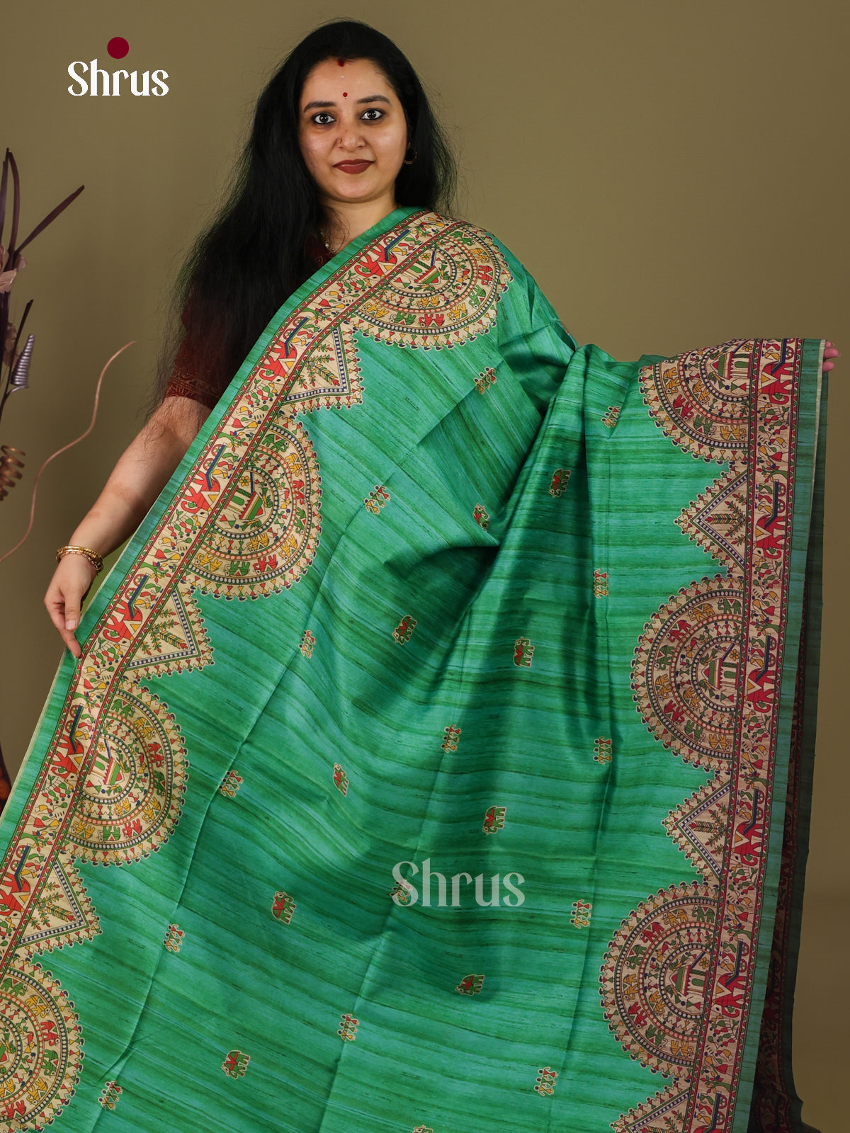 Green & Cream - Printed Madhubani Saree