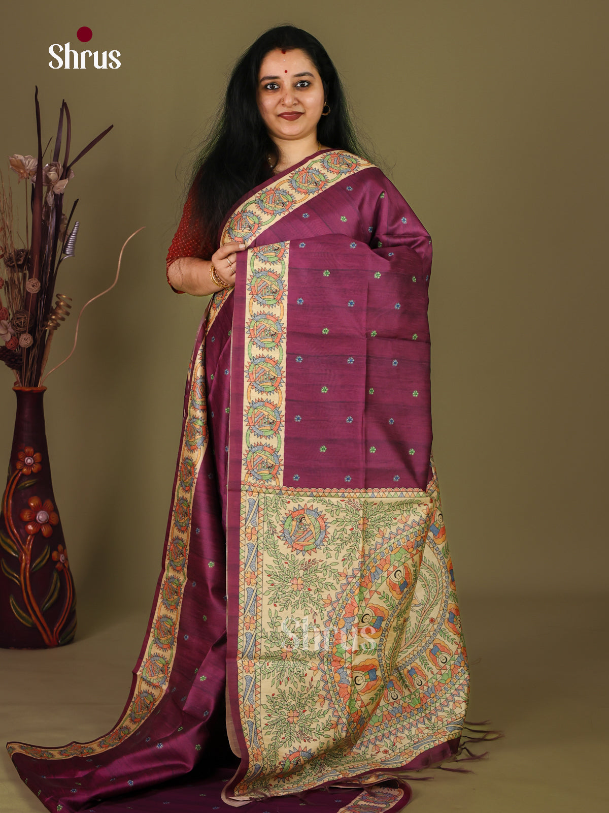 Dark Wine - Printed Madhubani Saree - - Shop on Shrus.com