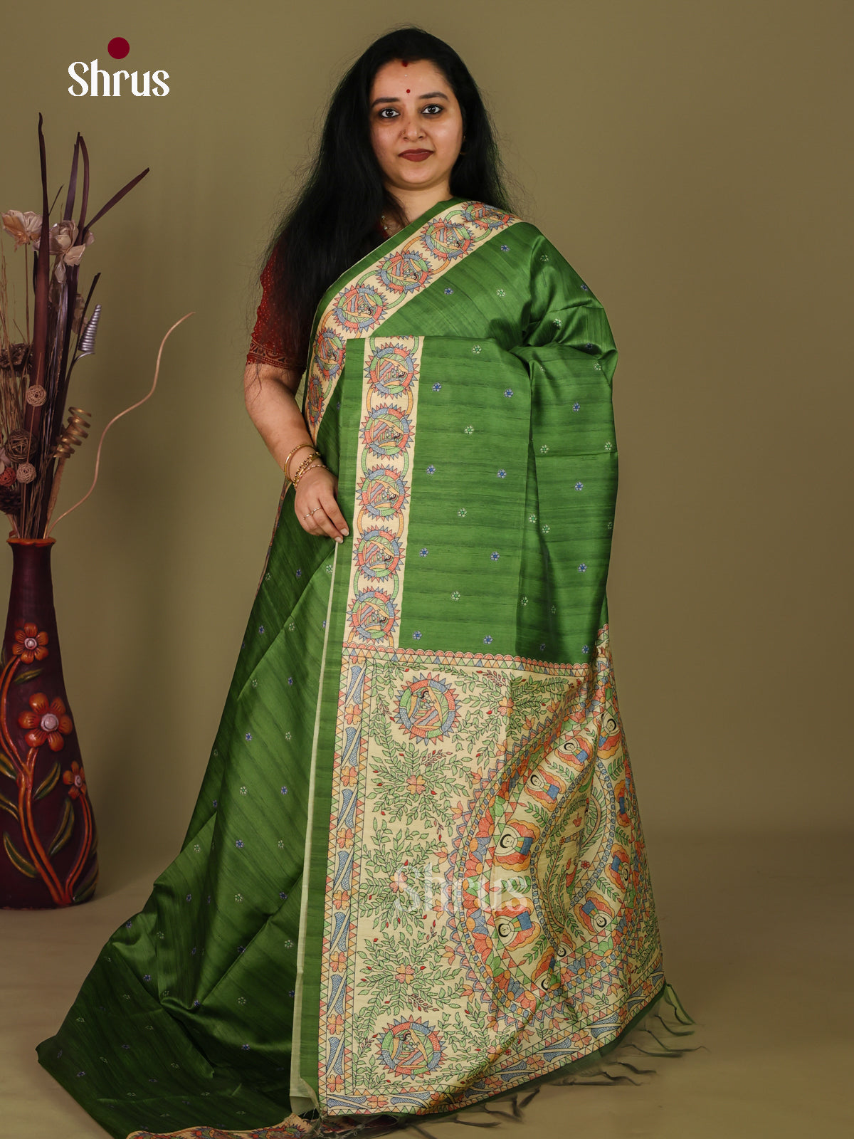 Green & Cream - Printed Madhubani Saree