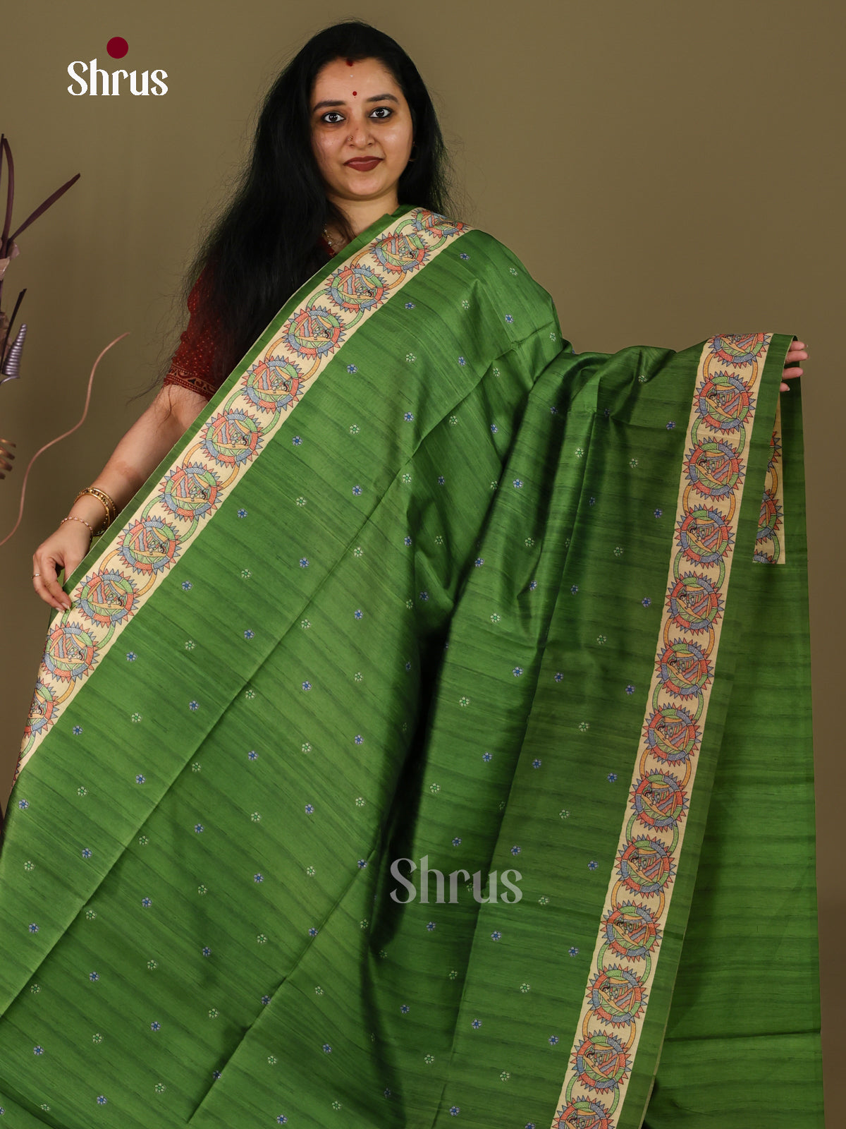 Green & Cream - Printed Madhubani Saree