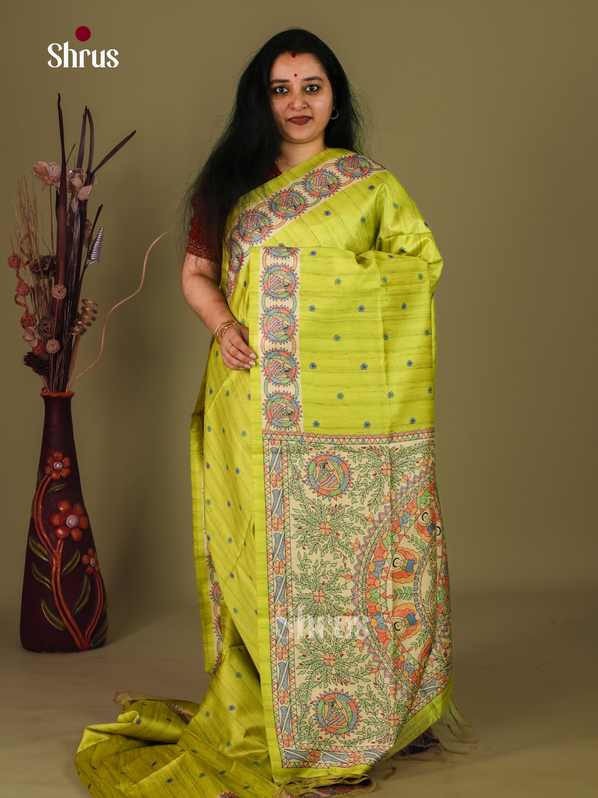 Lime Green & Cream - Printed Madhubani Saree - Shop on Shrus.com