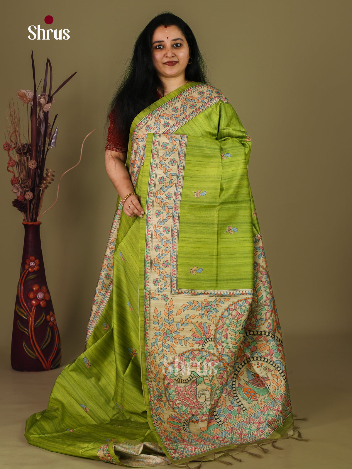 Light Green & Cream - Printed Madhubani Saree