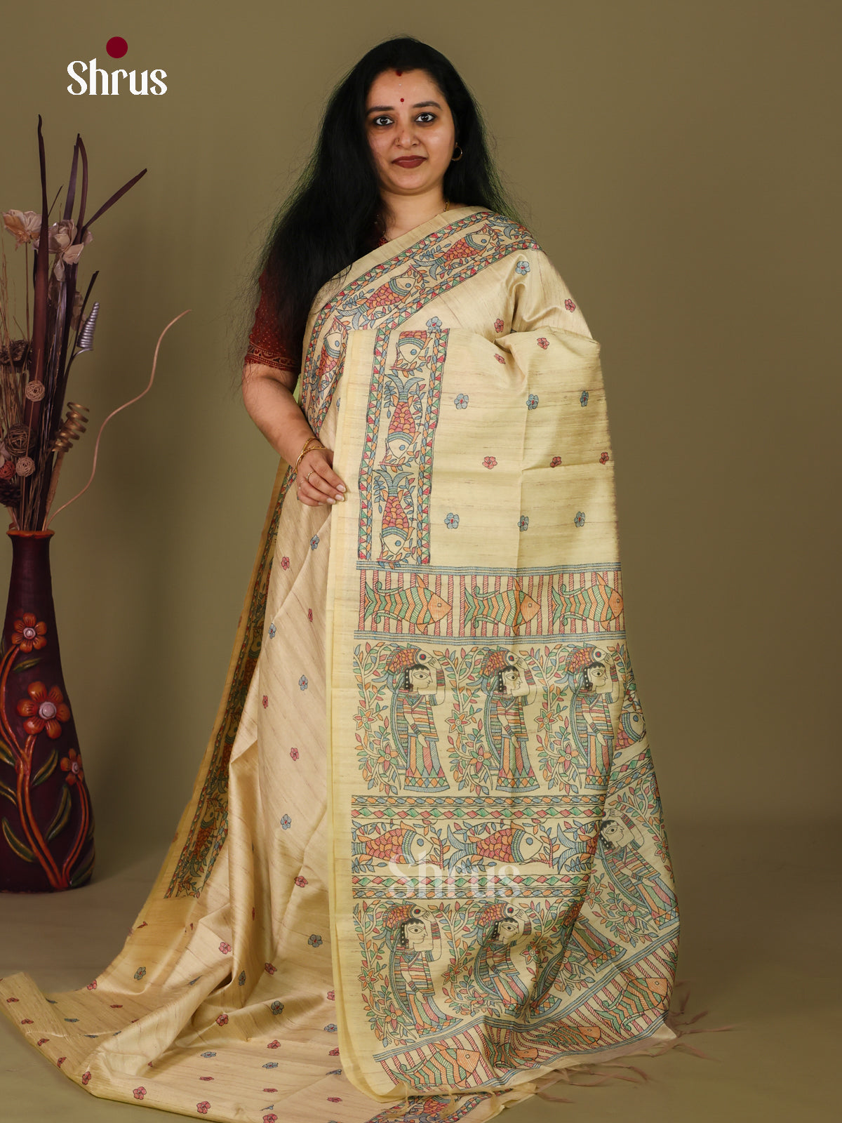 Elachi Green & Cream - Printed Madhubani Saree - Shop on Shrus.com