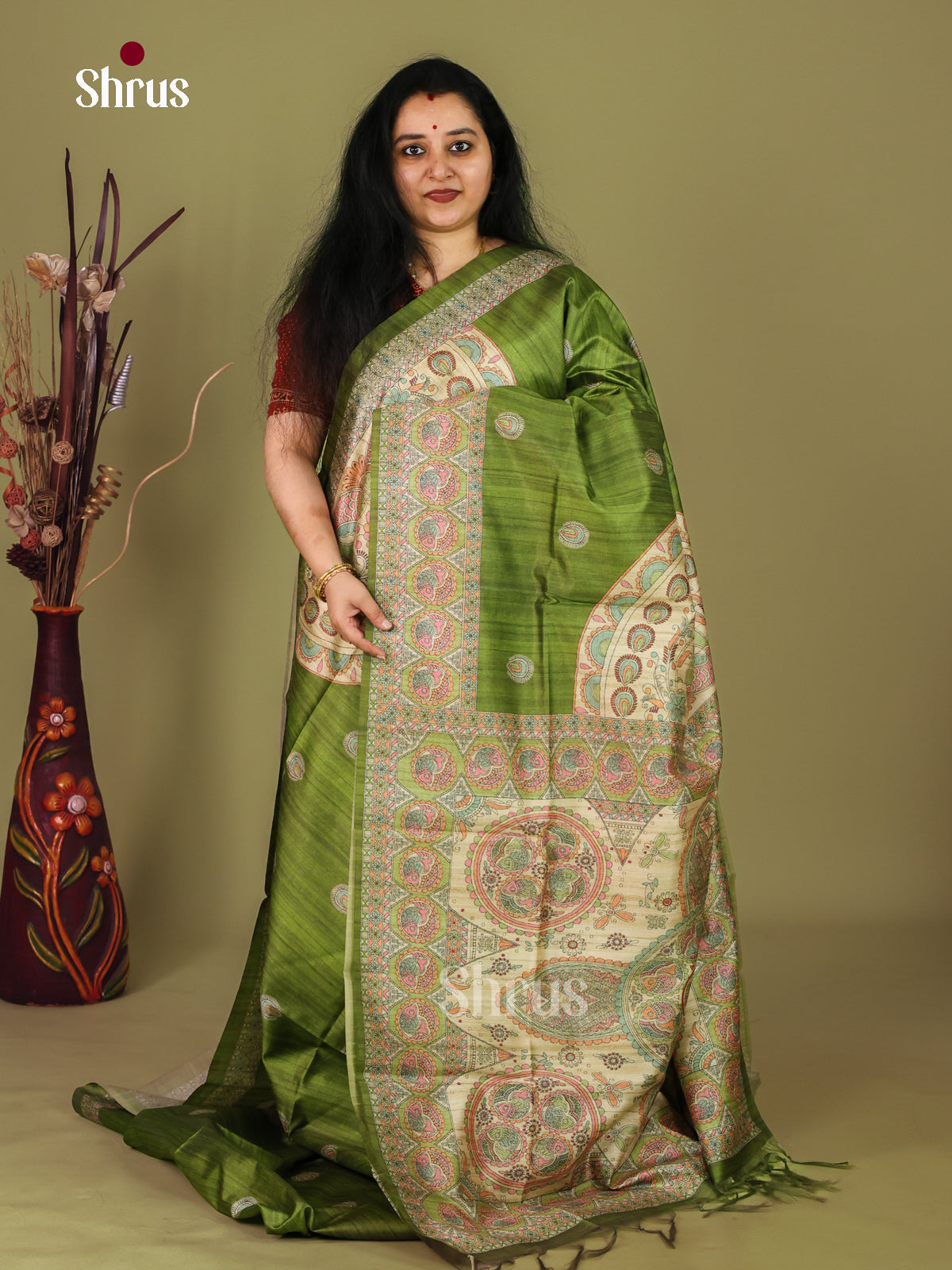 Light Green & Cream - Printed Madhubani Saree