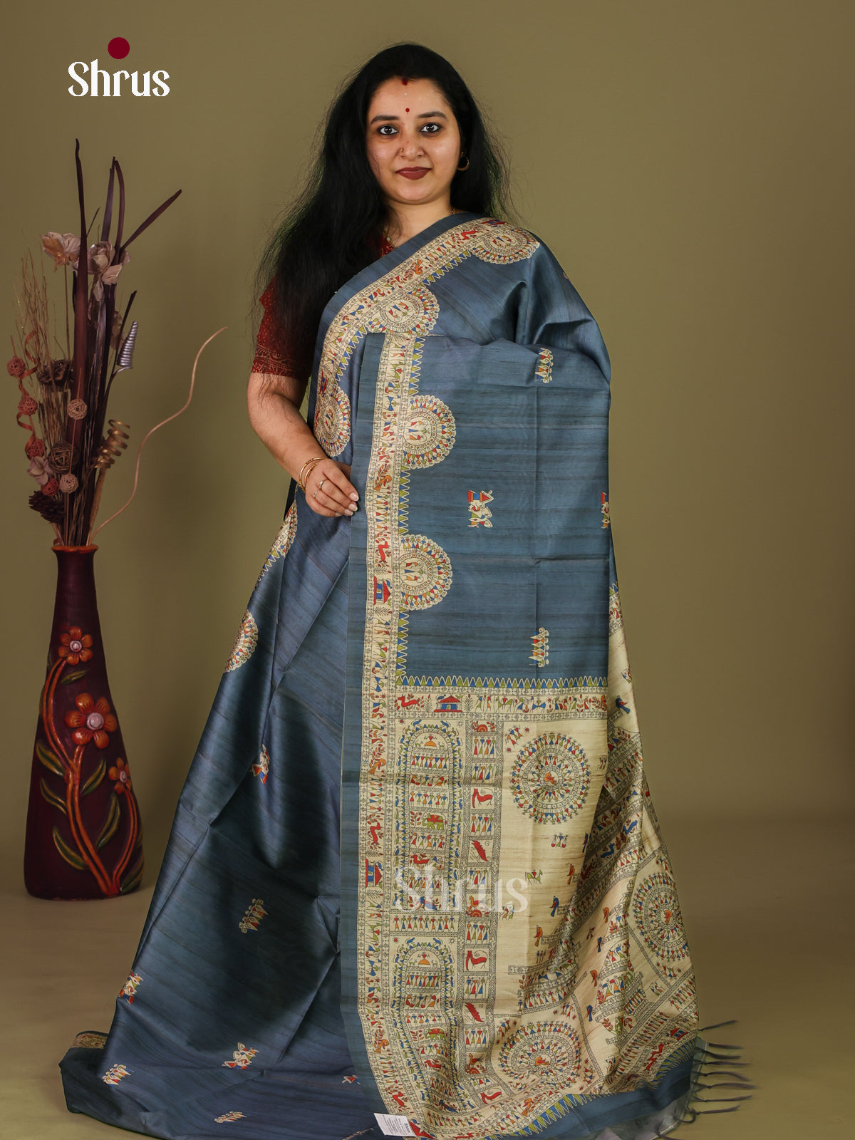 Black & Cream - Printed Madhubani Saree - Shop on Shrus.com