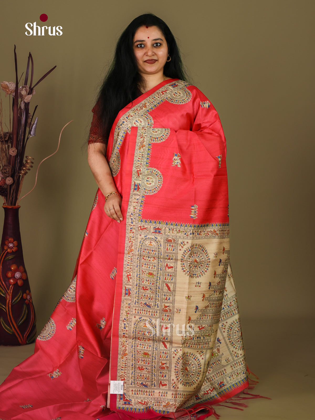 Red - Printed Madhubani Saree - Shop on Shrus.com