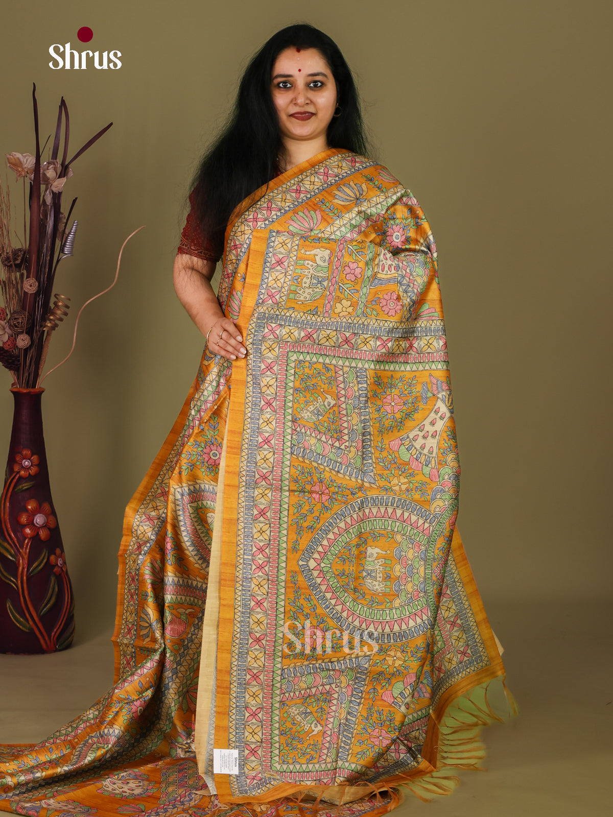 Mustard & Cream - Printed Madhubani Saree - Shop on Shrus.com