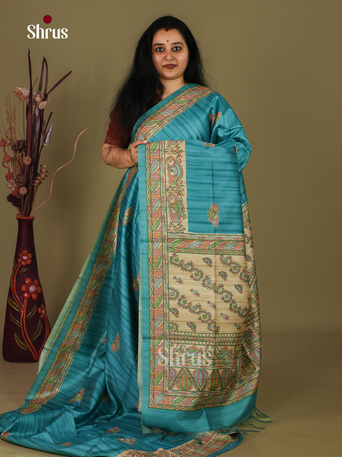 Light Blue & Cream - Printed Madhubani Saree