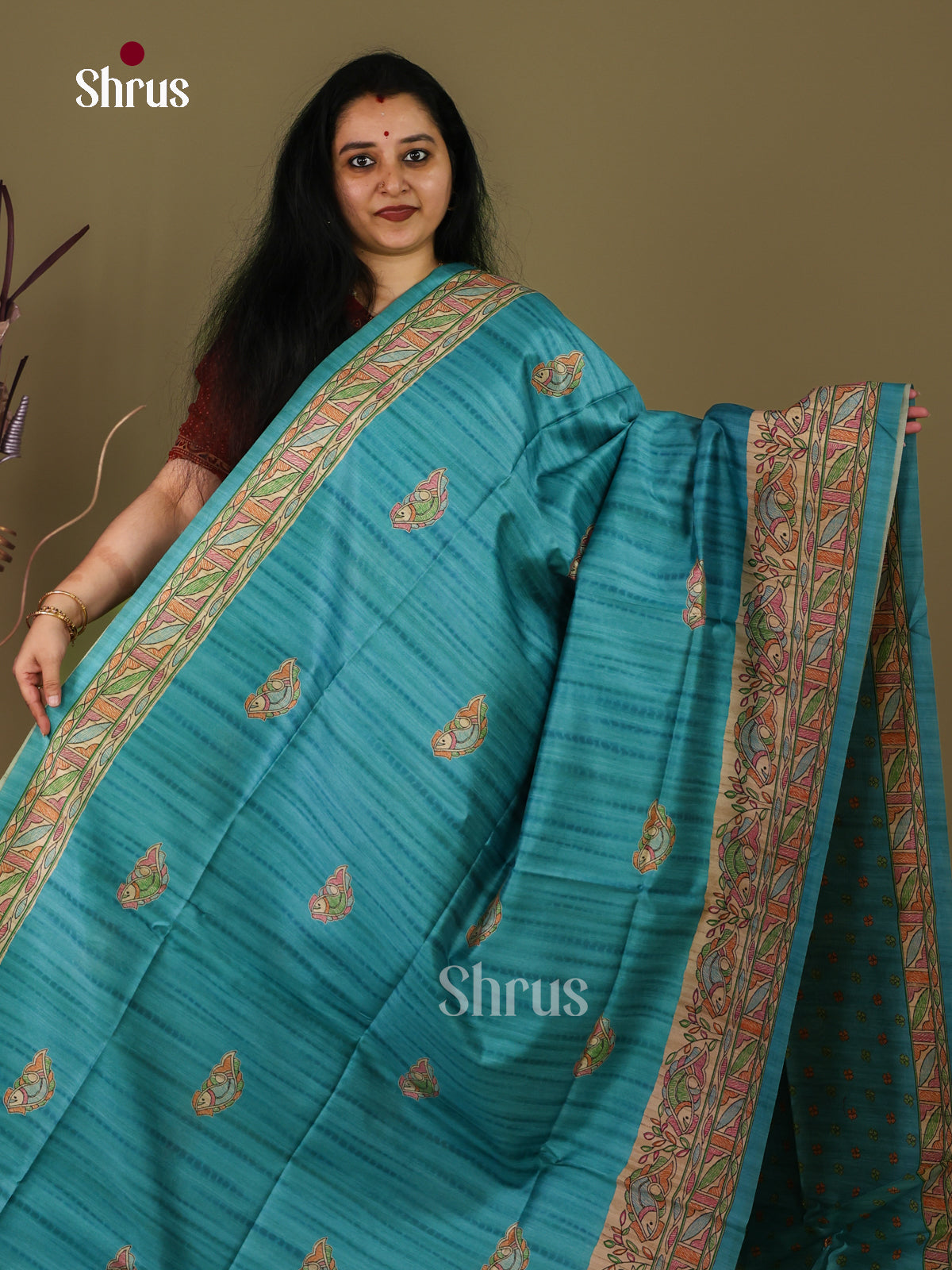Light Blue & Cream - Printed Madhubani Saree