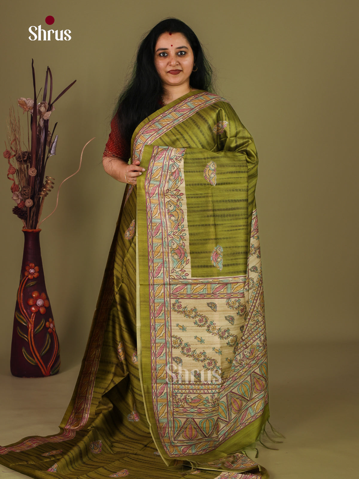 Green & Cream - Printed Madhubani Saree - Shop on Shrus.com