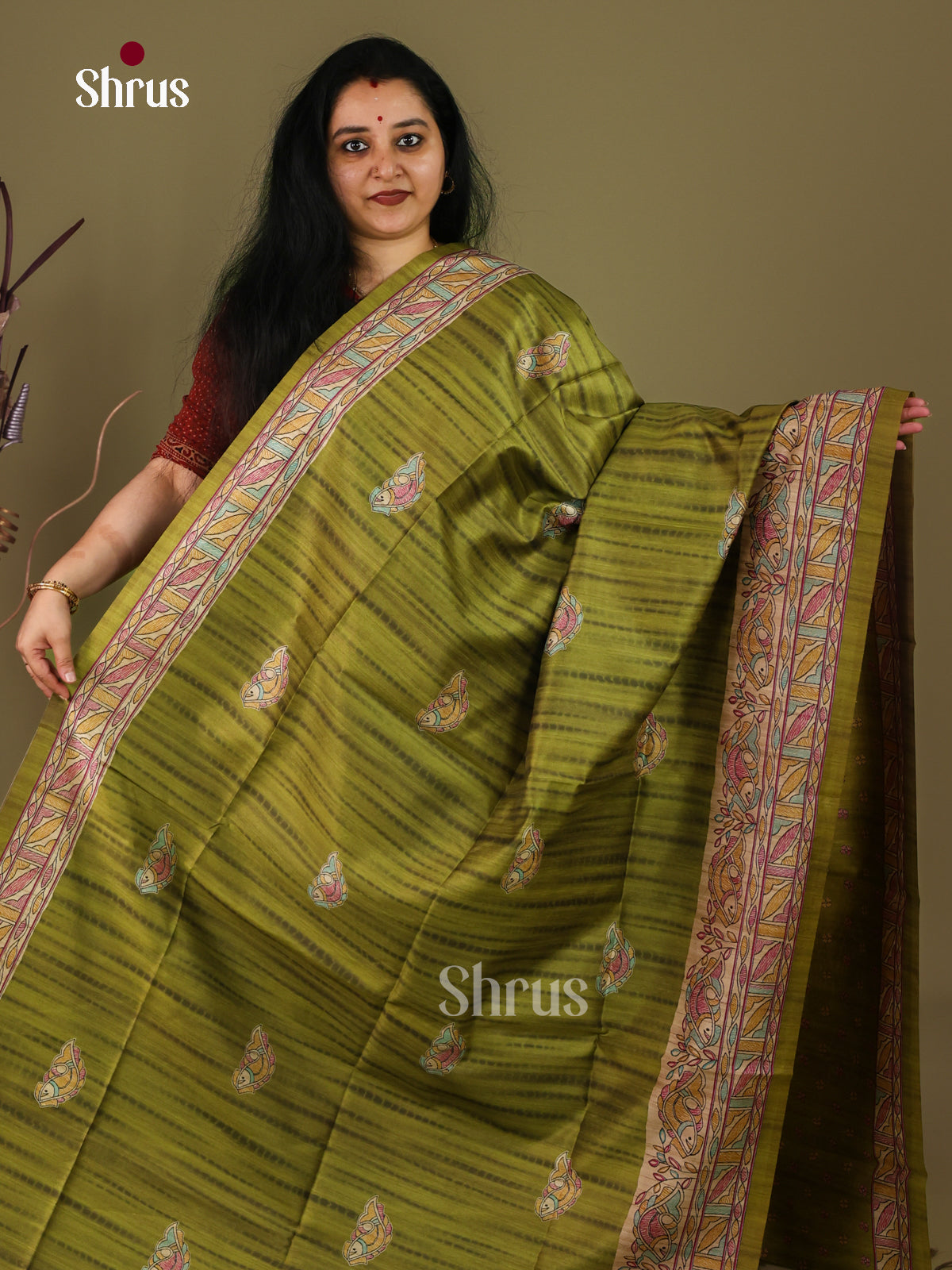 Green & Cream - Printed Madhubani Saree - Shop on Shrus.com