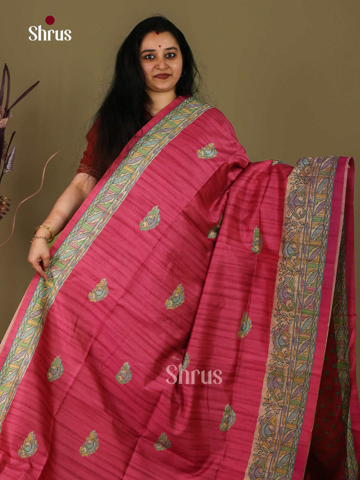 Maroon & Cream - Printed Madhubani Saree - Shop on Shrus.com