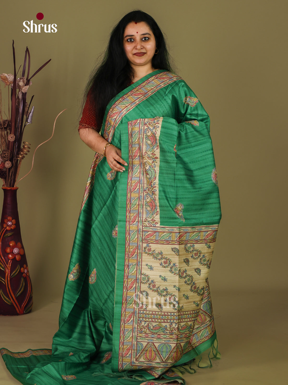 Green & Cream - Printed Madhubani Saree