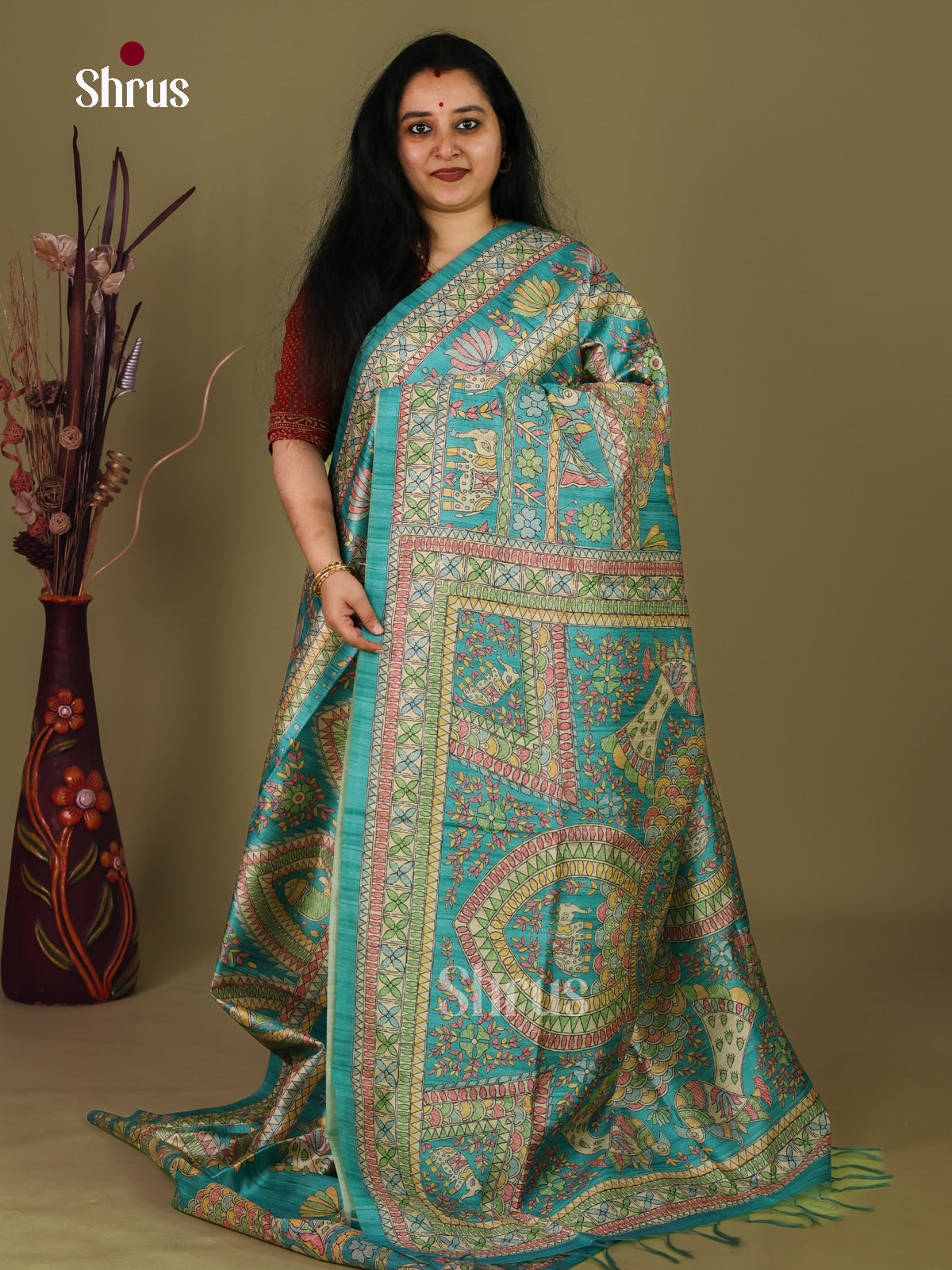Sky blue & Cream - Printed Madhubani Saree - Shop on Shrus.com