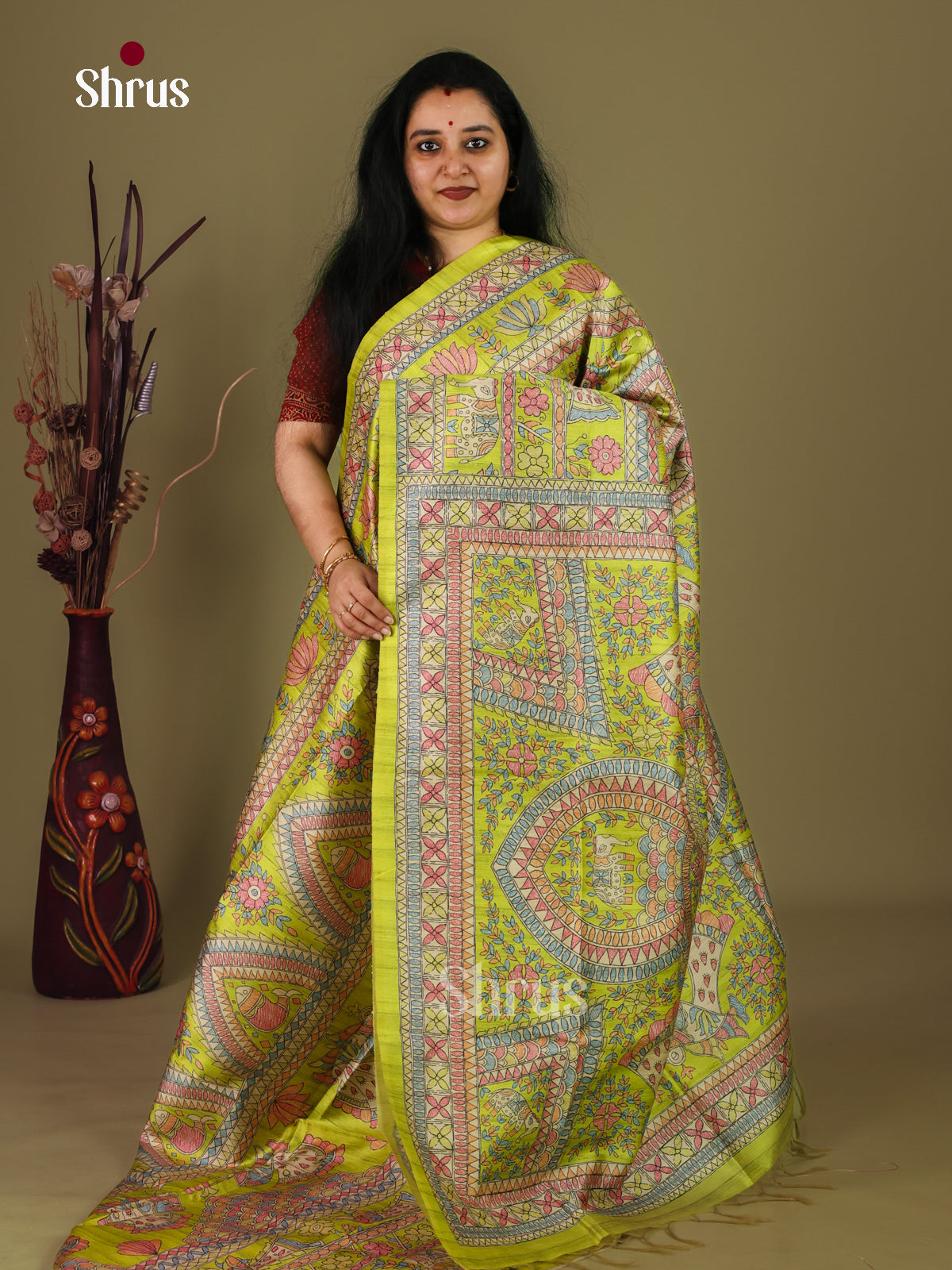 Lime Green - Printed Madhubani Saree - EI16878