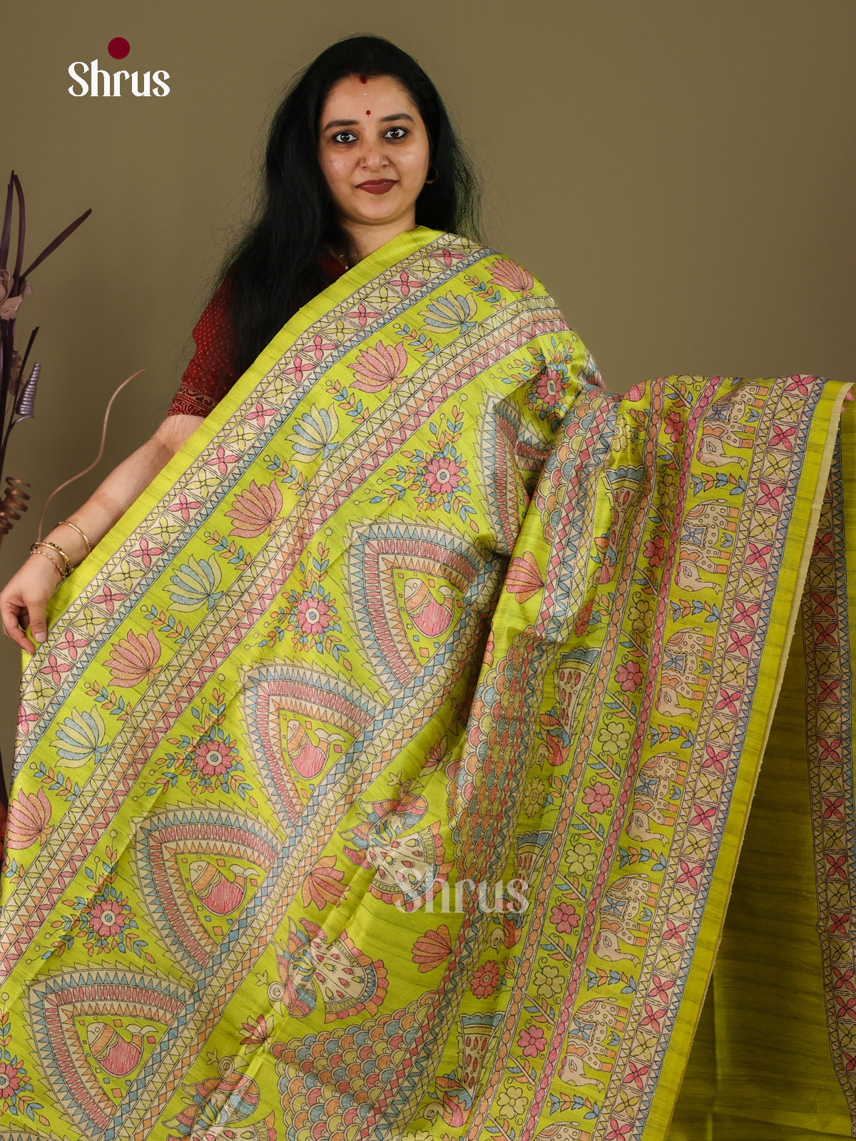 Lime Green - Printed Madhubani Saree - EI16878