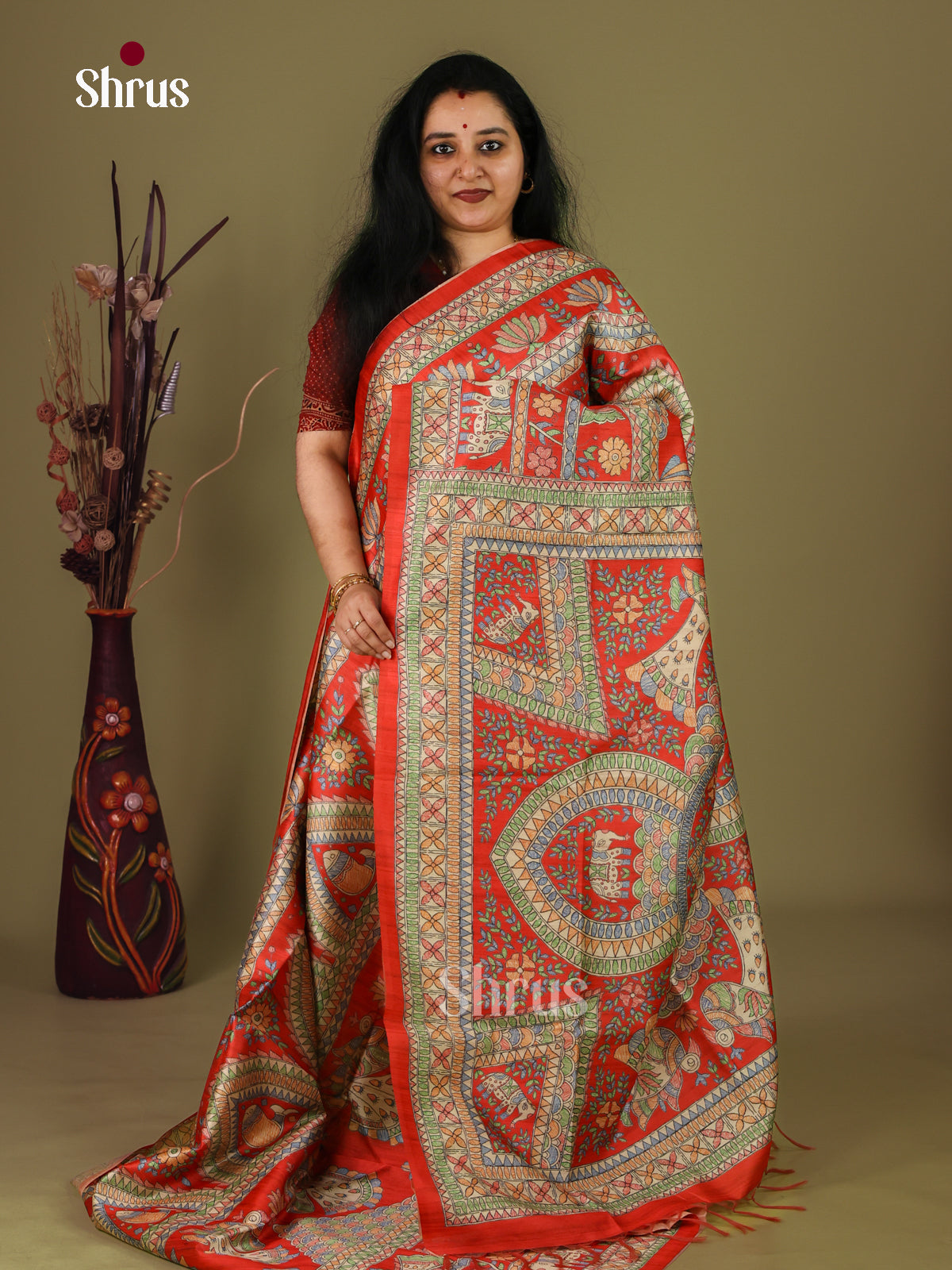 Red & Cream - Printed Madhubani Saree