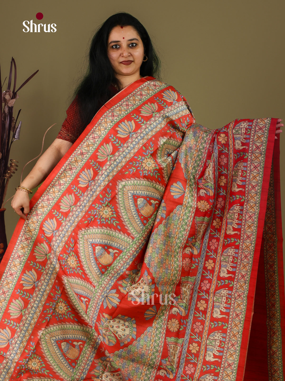 Red & Cream - Printed Madhubani Saree