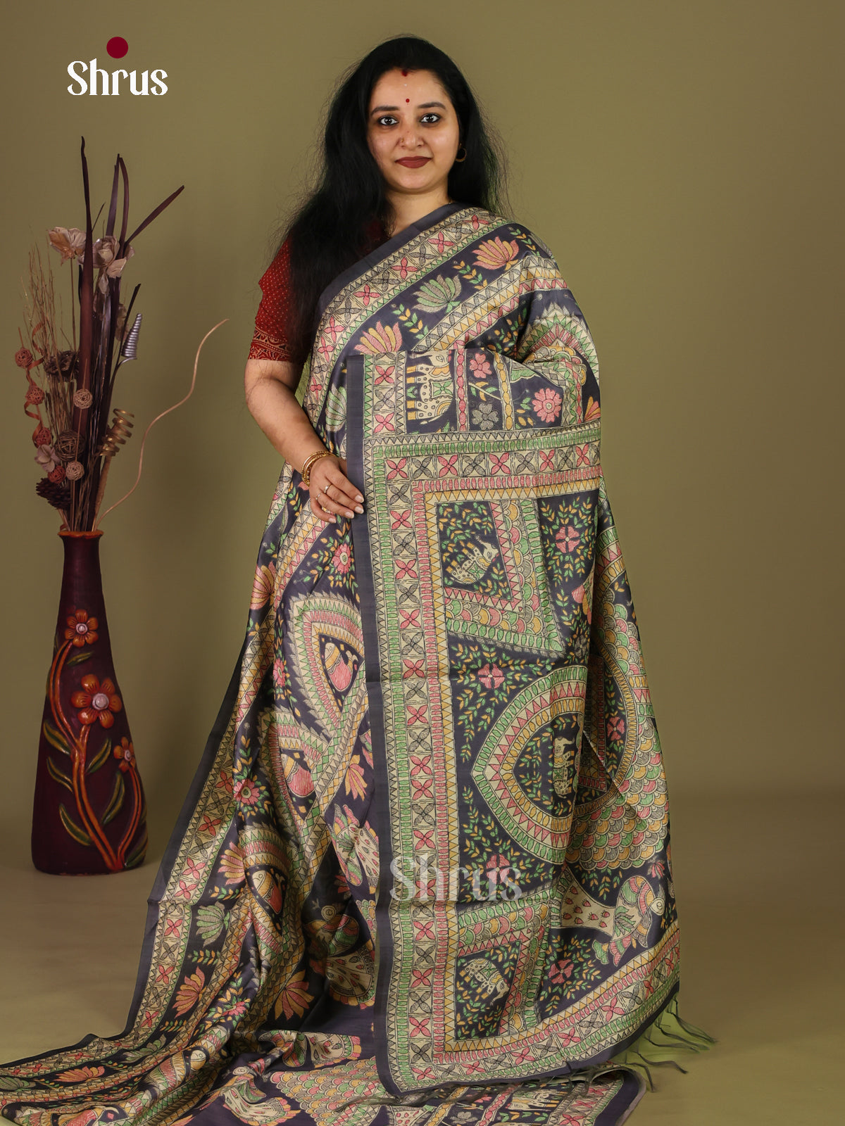 Black & Cream - Printed Madhubani Saree